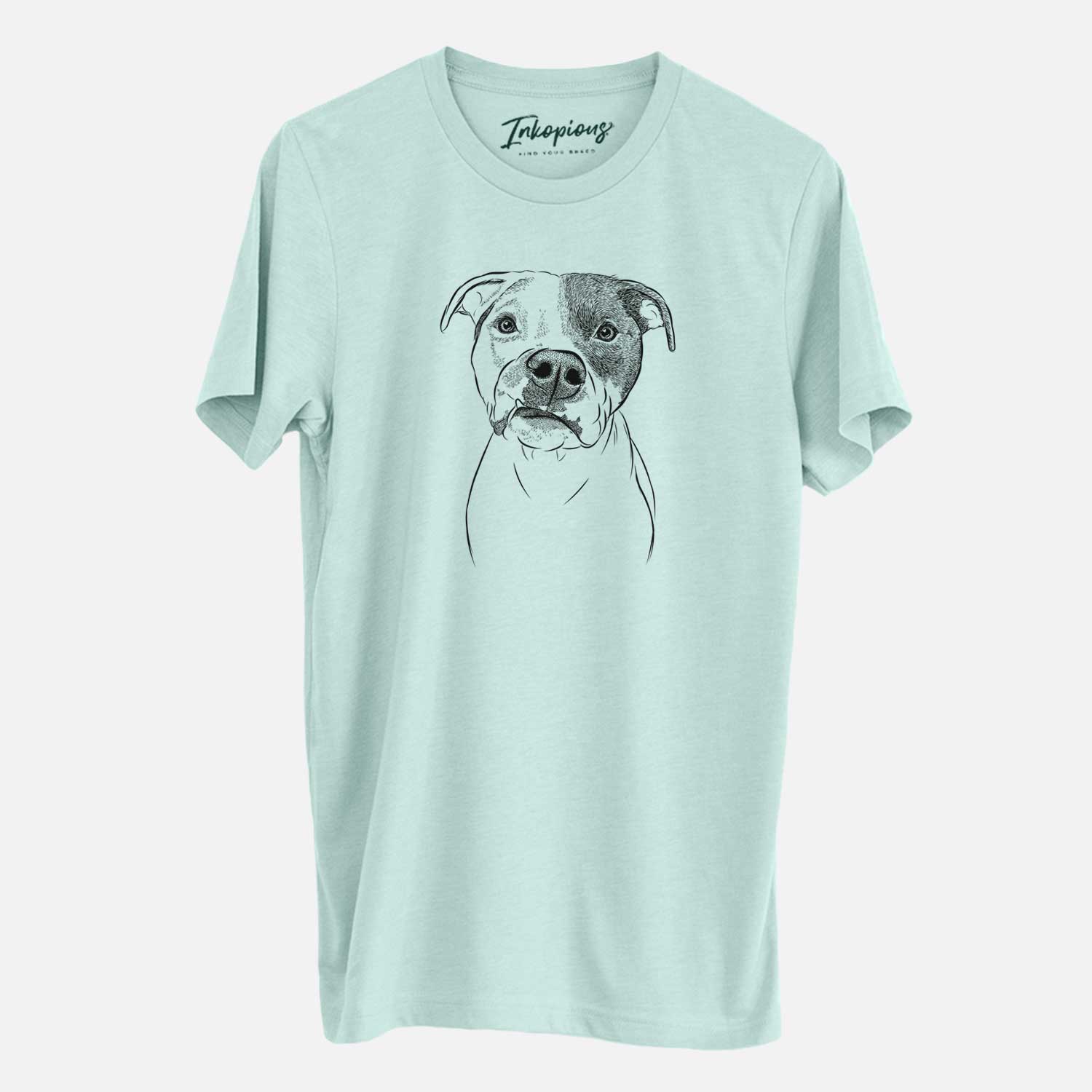Hand-drawn sketch of Dexter the Pitbull on a Heather Sage Unisex crewneck
