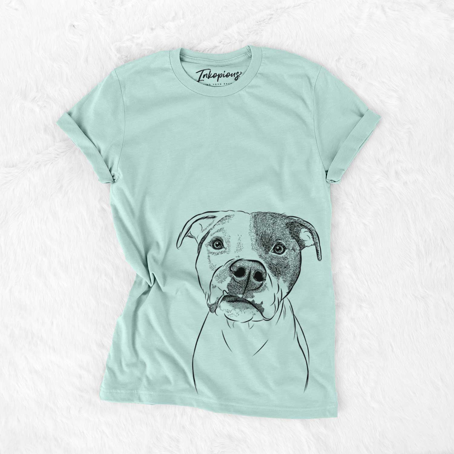 Hand-drawn sketch of Dexter the Pitbull on a Heather Sage Unisex crewneck