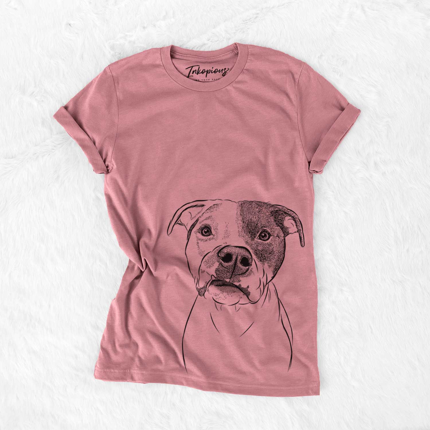 Hand-drawn sketch of Dexter the Pitbull on a Mauve Unisex crewneck