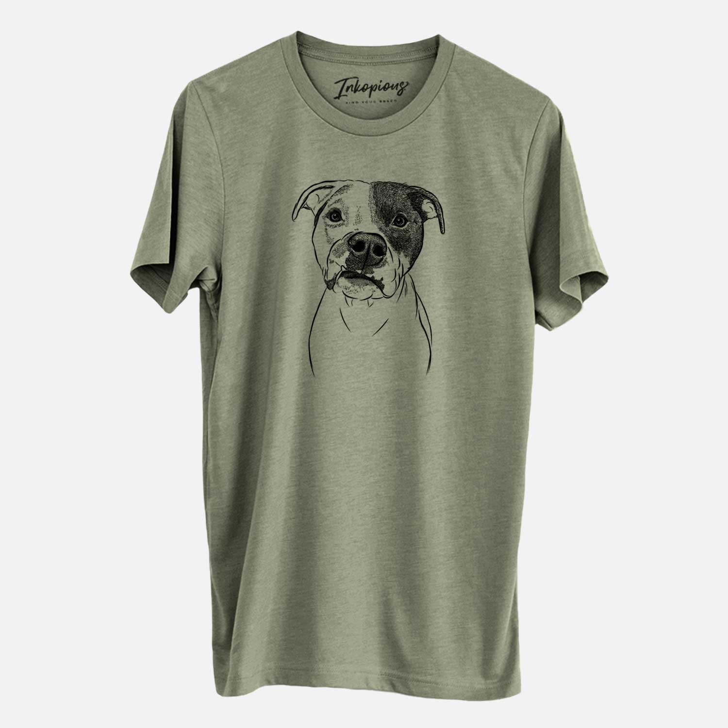 Hand-drawn sketch of Dexter the Pitbull on an Olive Unisex crewneck