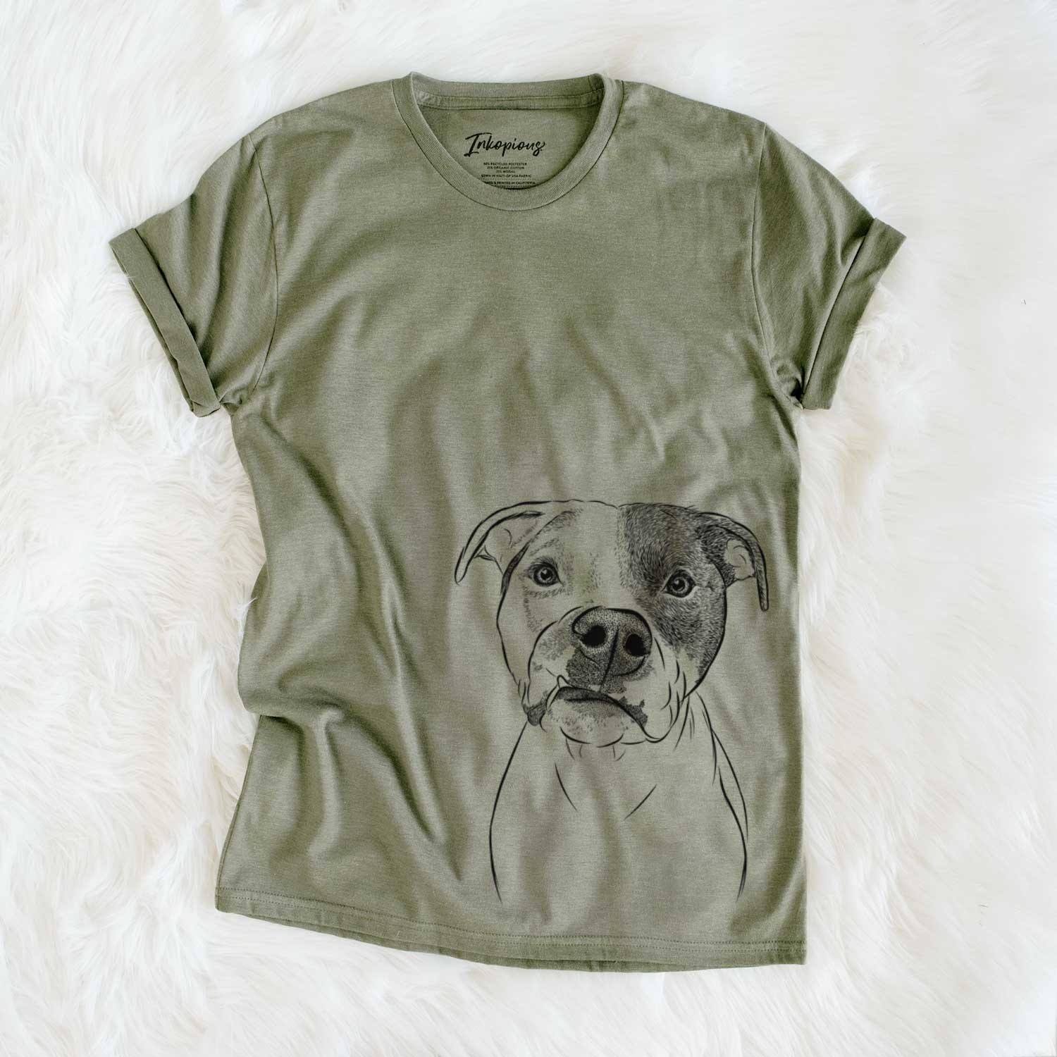 Hand-drawn sketch of Dexter the Pitbull on an Olive Unisex crewneck