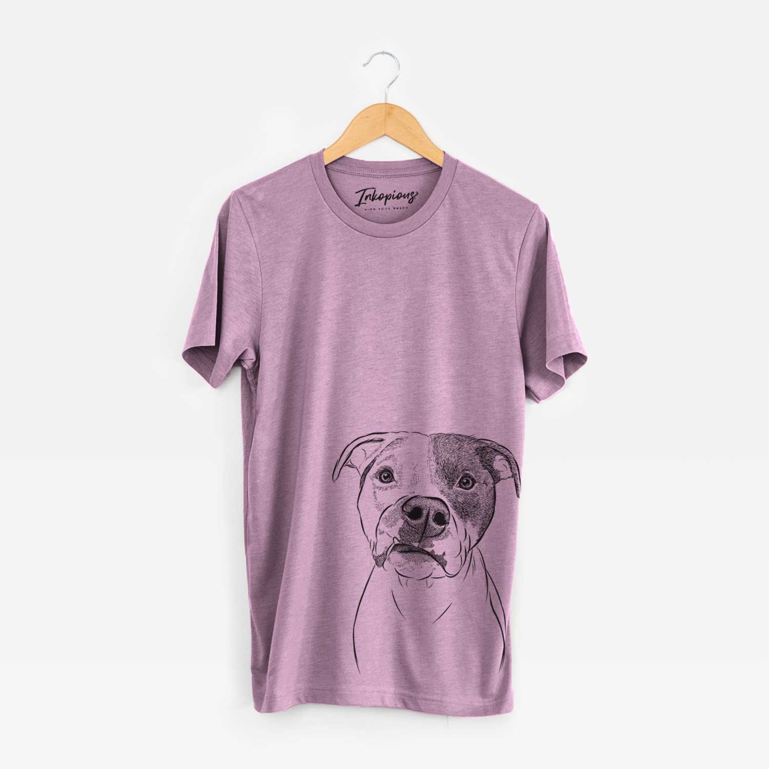 Hand-drawn sketch of Dexter the Pitbull on an Orchid Unisex crewneck
