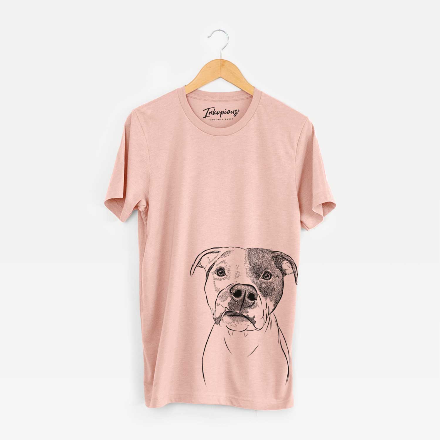Hand-drawn sketch of Dexter the Pitbull on a Peach Unisex crewneck