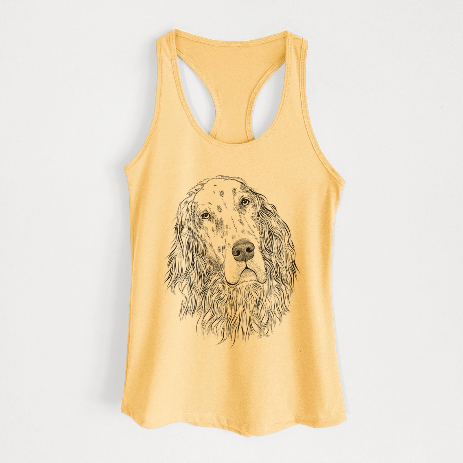 Hand-drawn sketch of Dexter the English Setter on a Banana Cream Women's racerback tanktop