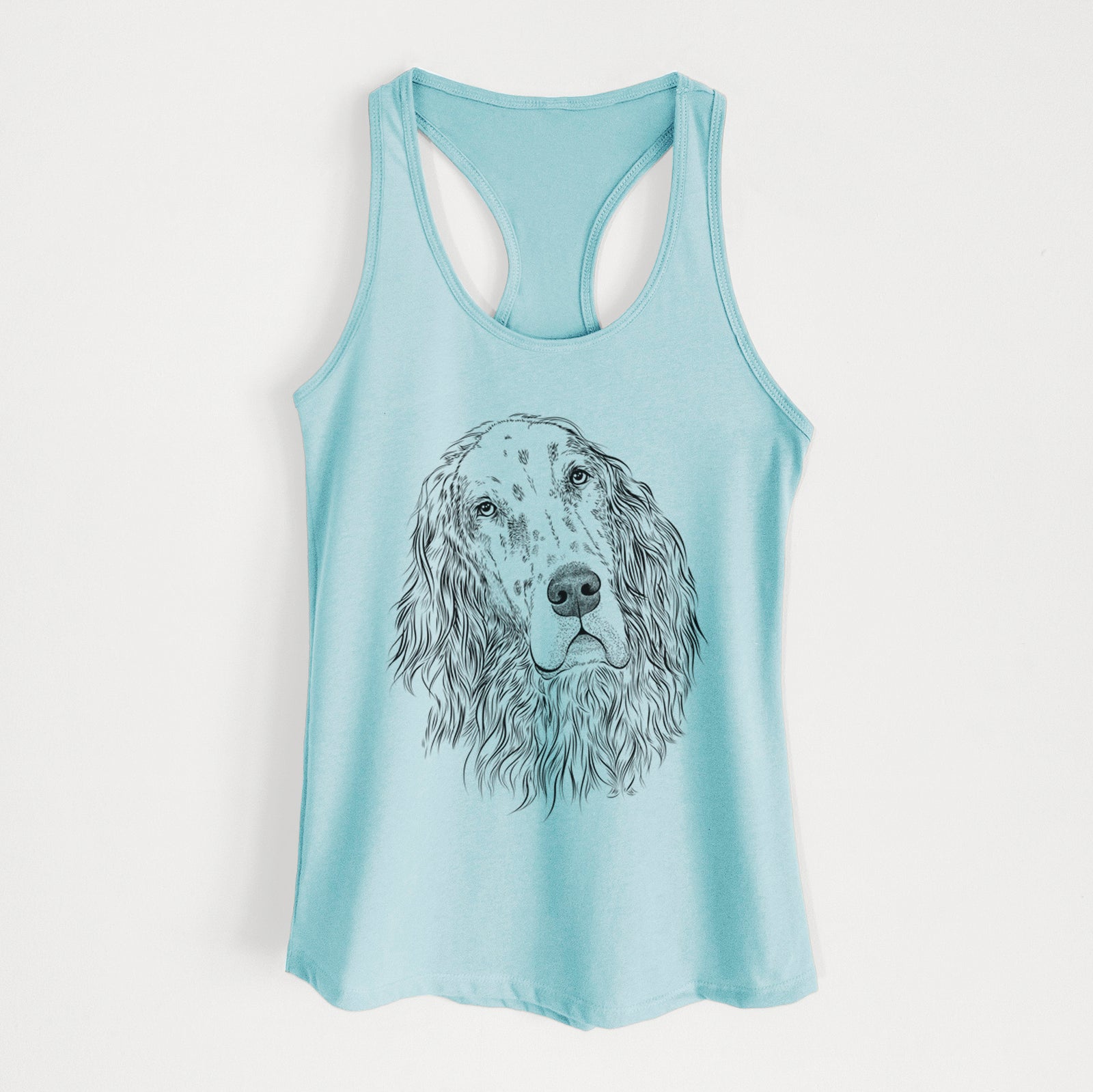 Hand-drawn sketch of Dexter the English Setter on a Cancun Blue Women's racerback tanktop
