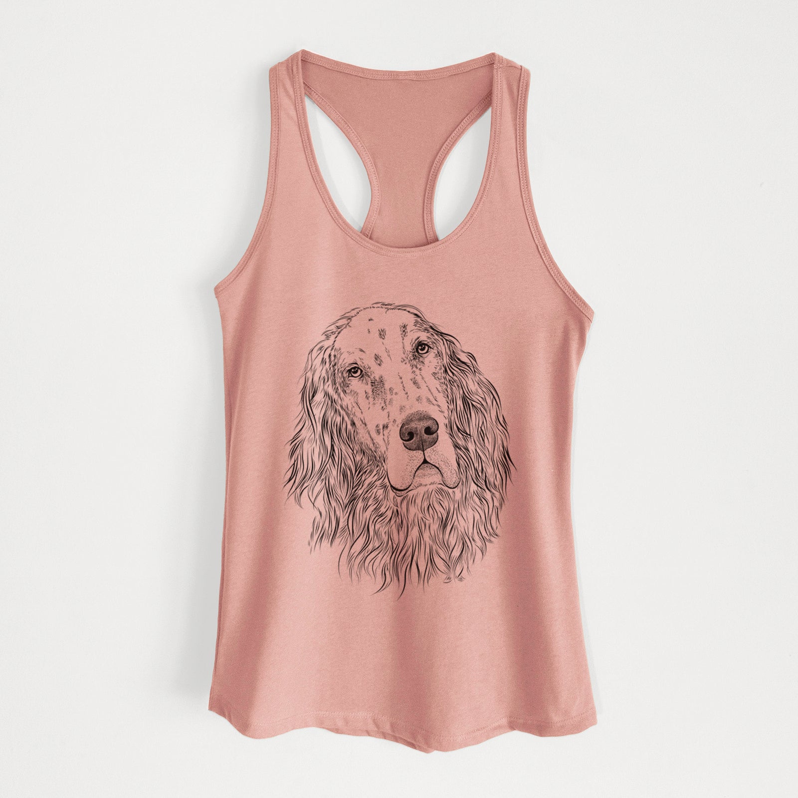 Hand-drawn sketch of Dexter the English Setter on a Desert Pink Women's racerback tanktop