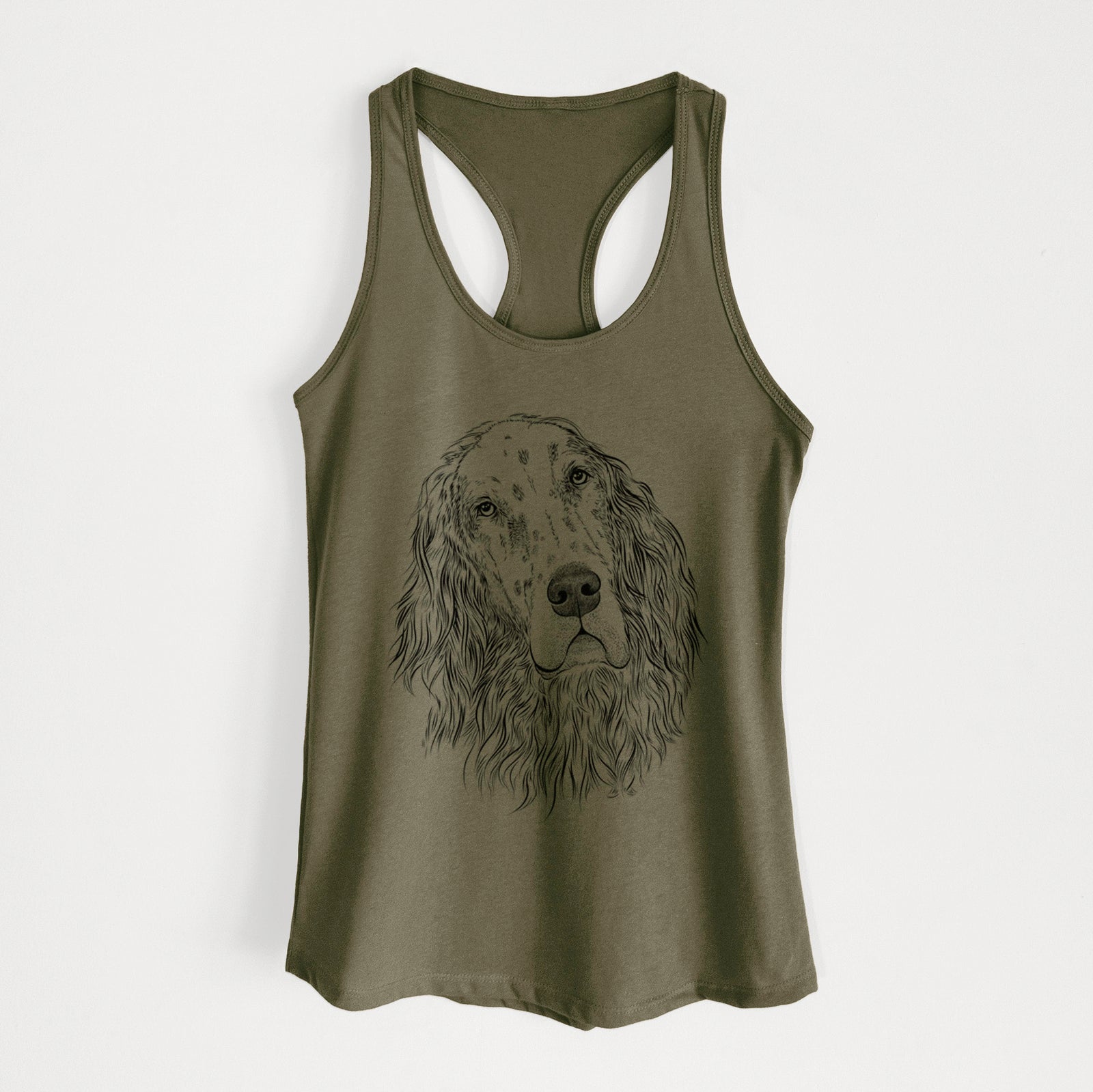Hand-drawn sketch of Dexter the English Setter on a Military Green Women's racerback tanktop