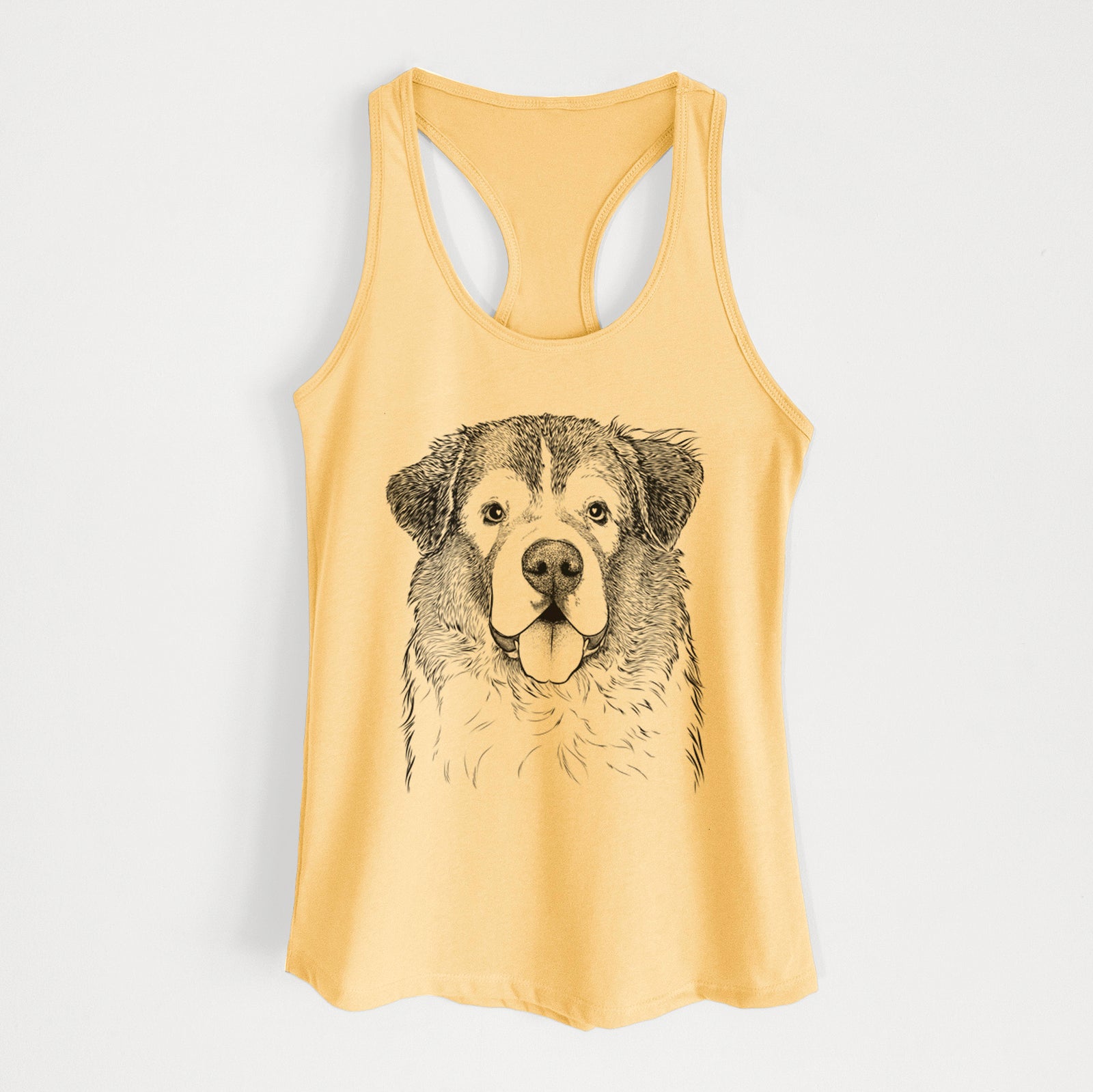 Hand-drawn sketch of Dilly the Saint Bernard on a Banana Cream Women's racerback tanktop