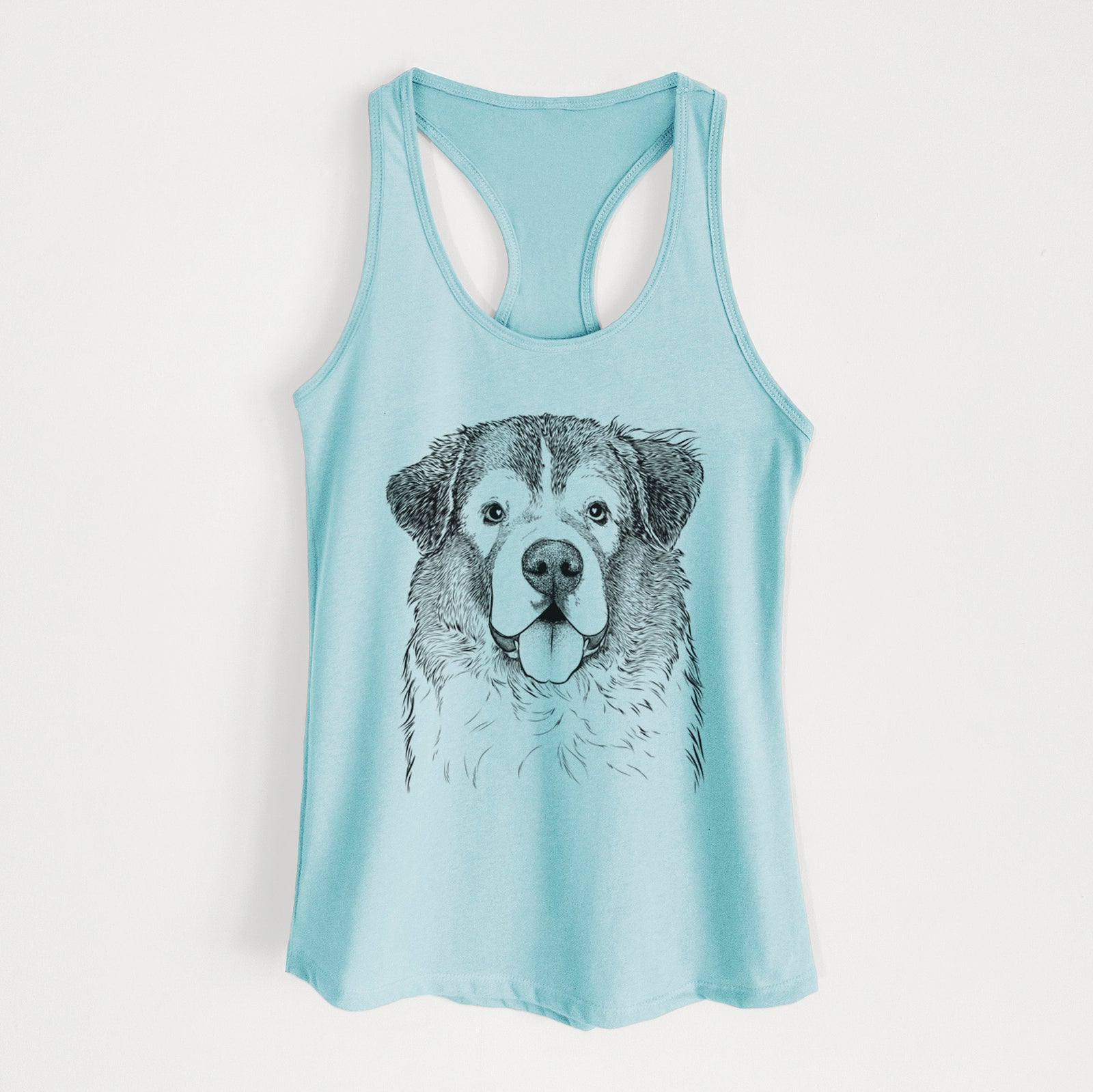 Hand-drawn sketch of Dilly the Saint Bernard on a Cancun Blue Women's racerback tanktop