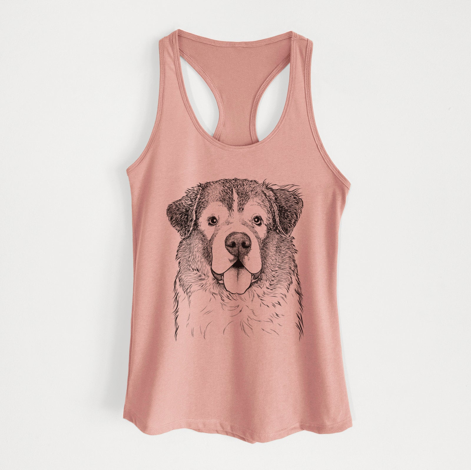 Hand-drawn sketch of Dilly the Saint Bernard on a Desert Pink Women's racerback tanktop