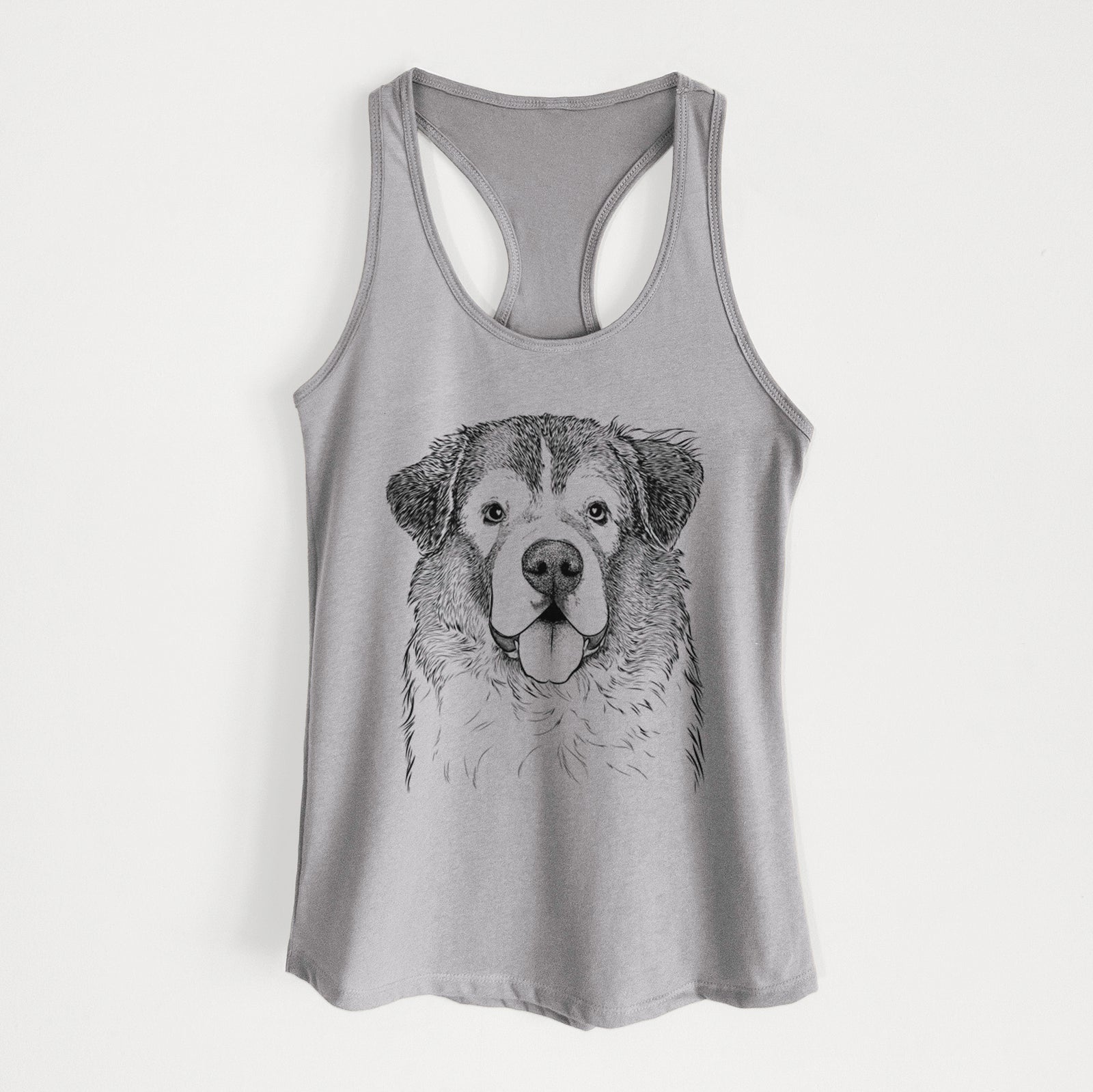 Hand-drawn sketch of Dilly the Saint Bernard on a Heather Grey Women's racerback tanktop