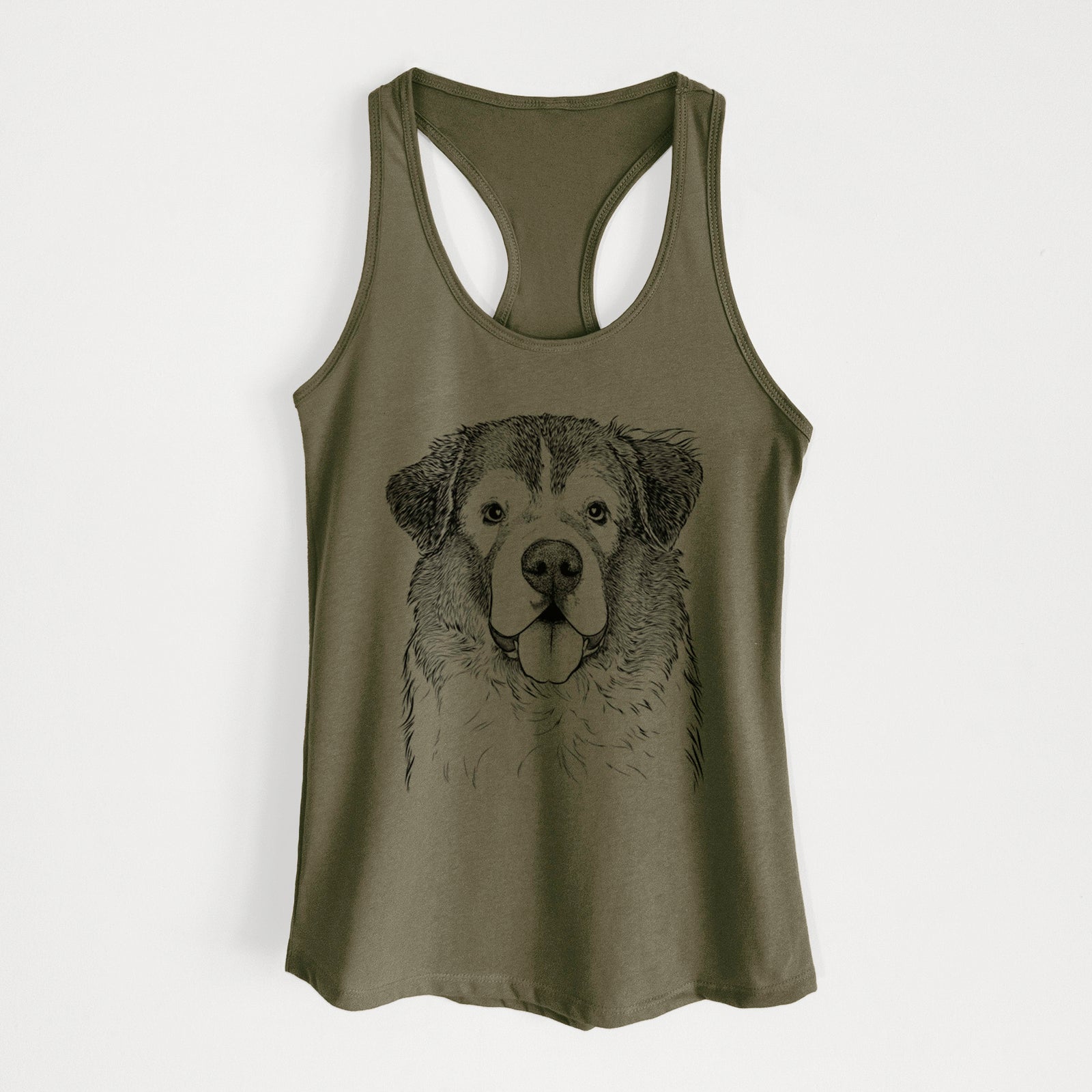 Hand-drawn sketch of Dilly the Saint Bernard on a Military Green Women's racerback tanktop