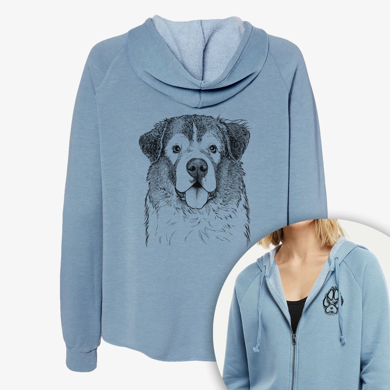 Hand-drawn sketch of Dilly the Saint Bernard on a Women's cali wave zip-up sweatshirt, shown with icons of the other available costume styles