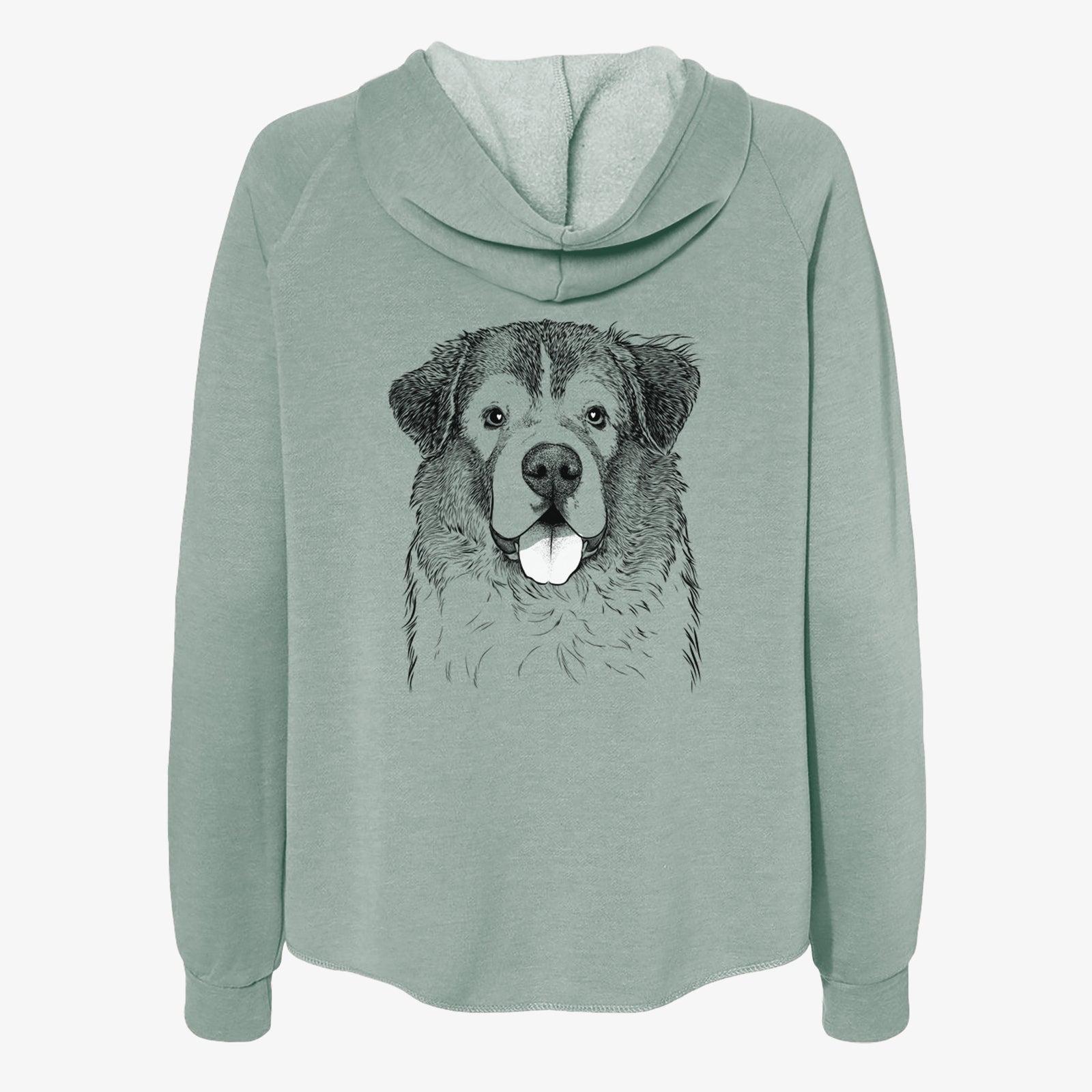 Hand-drawn sketch of Dilly the Saint Bernard on a Sage Women's cali wave zip-up sweatshirt