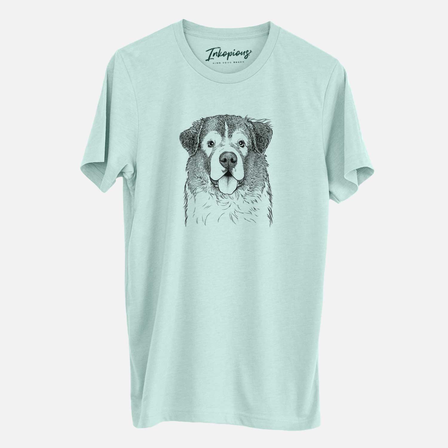 Hand-drawn sketch of Dilly the Saint Bernard on a Heather Sage Unisex crewneck