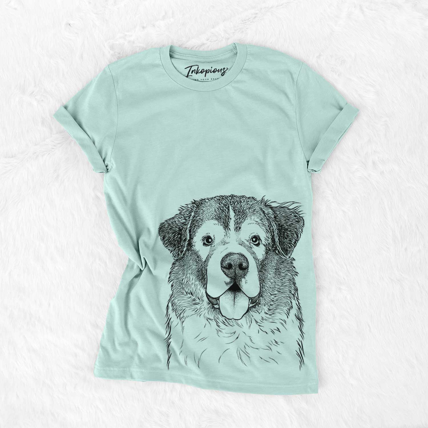 Hand-drawn sketch of Dilly the Saint Bernard on a Heather Sage Bella Canvas Unisex Crewneck