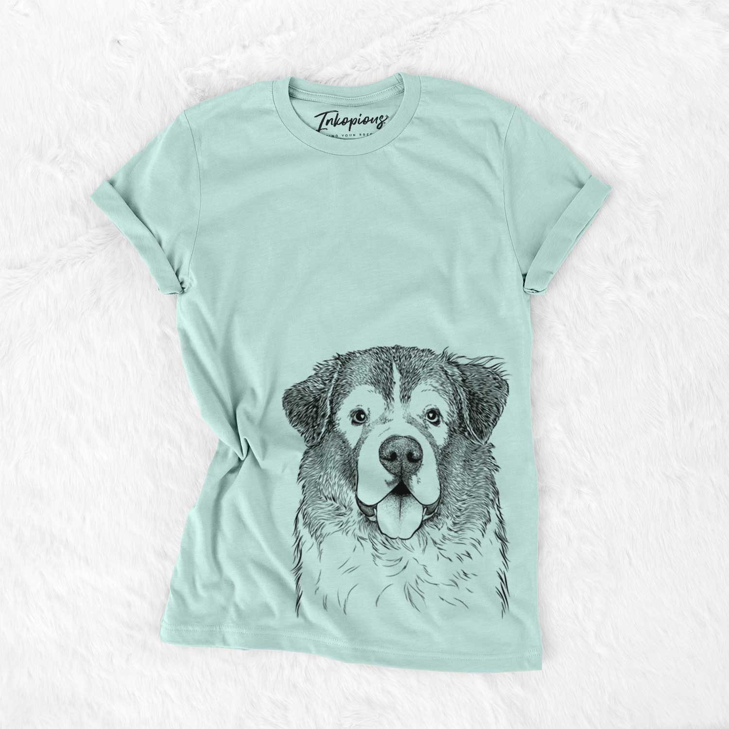 Hand-drawn sketch of Dilly the Saint Bernard on a Heather Sage Unisex crewneck