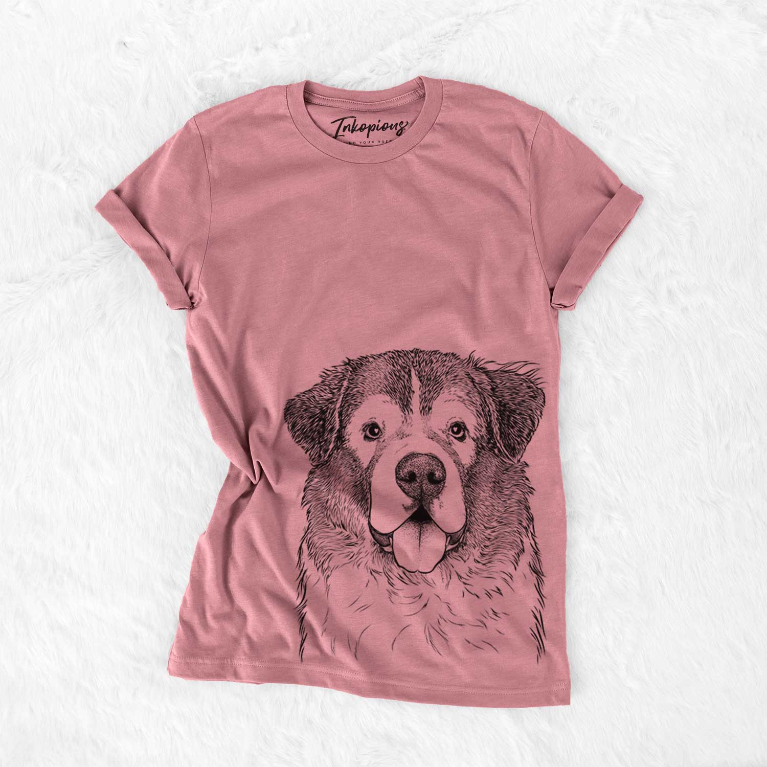 Hand-drawn sketch of Dilly the Saint Bernard on a Mauve Bella Canvas Unisex Crewneck