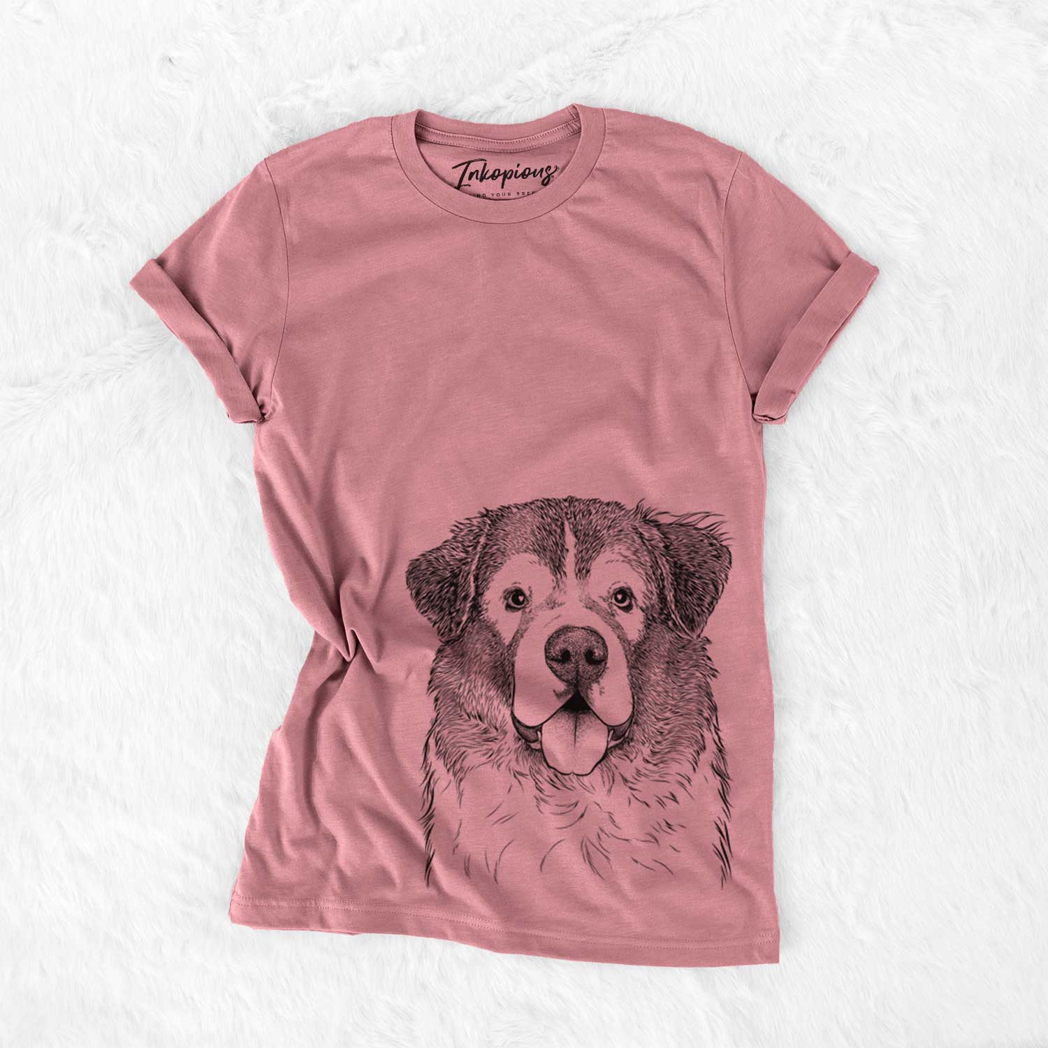 Hand-drawn sketch of Dilly the Saint Bernard on a Mauve Unisex crewneck