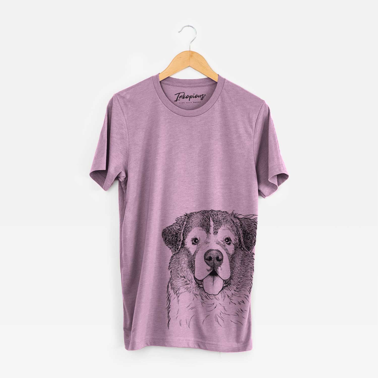 Hand-drawn sketch of Dilly the Saint Bernard on an Orchid Bella Canvas Unisex Crewneck