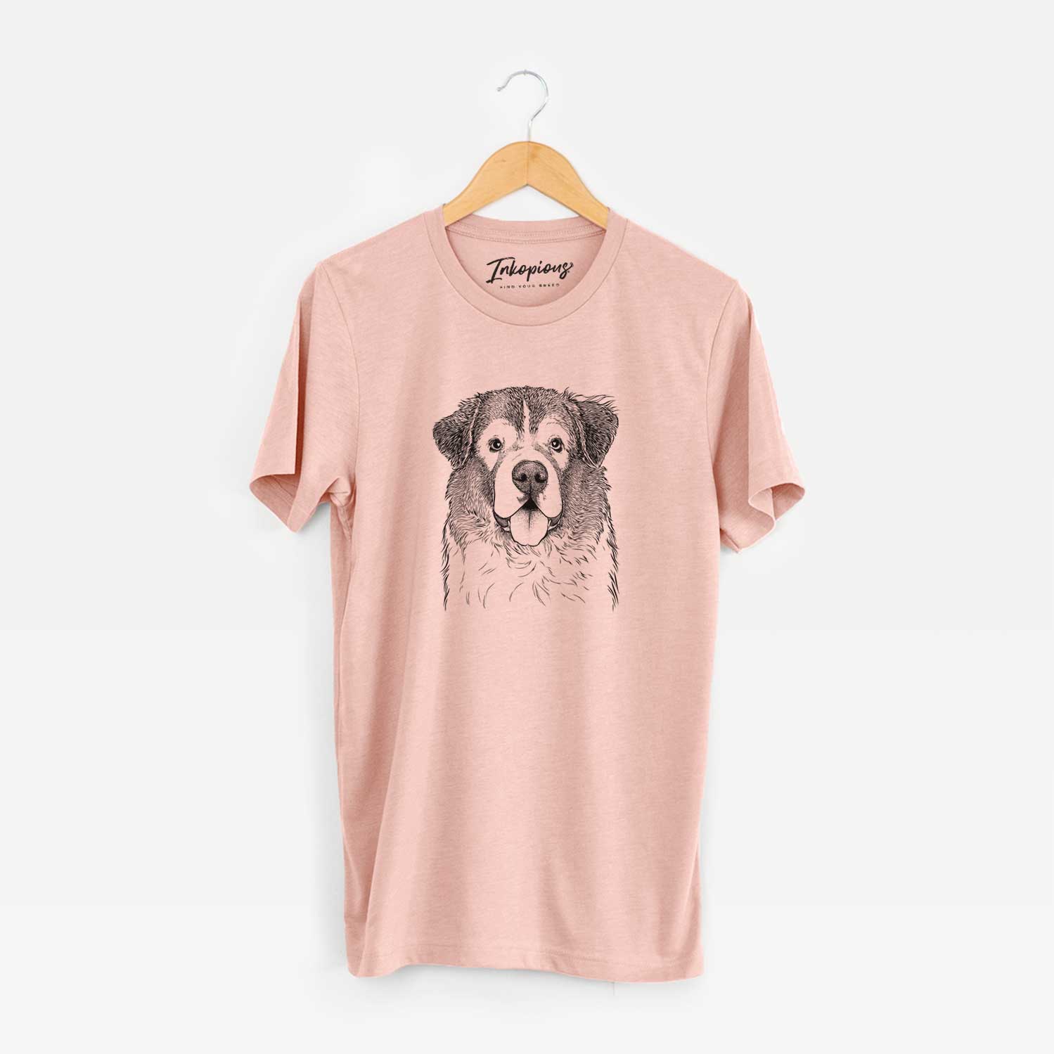 Hand-drawn sketch of Dilly the Saint Bernard on a Peach Unisex crewneck