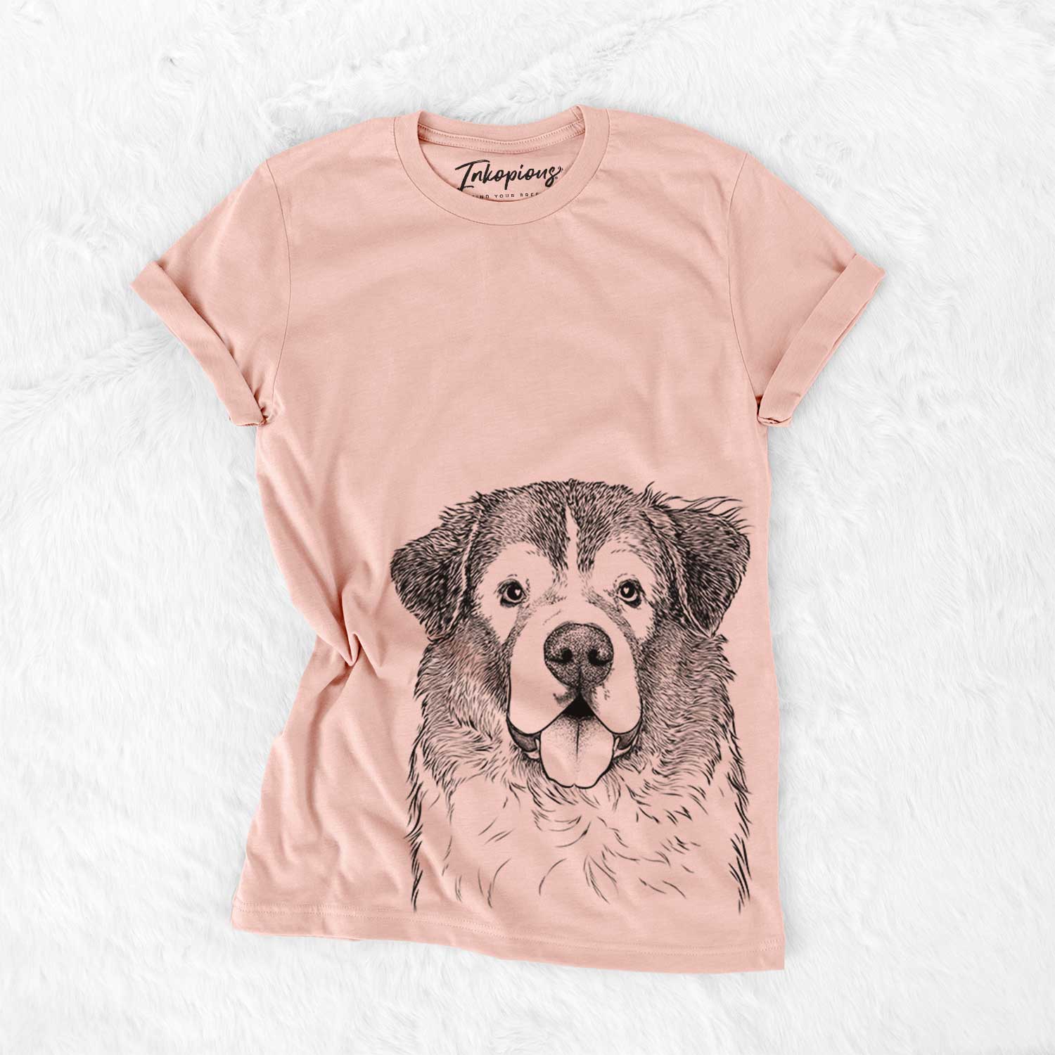 Hand-drawn sketch of Dilly the Saint Bernard on a Peach Bella Canvas Unisex Crewneck