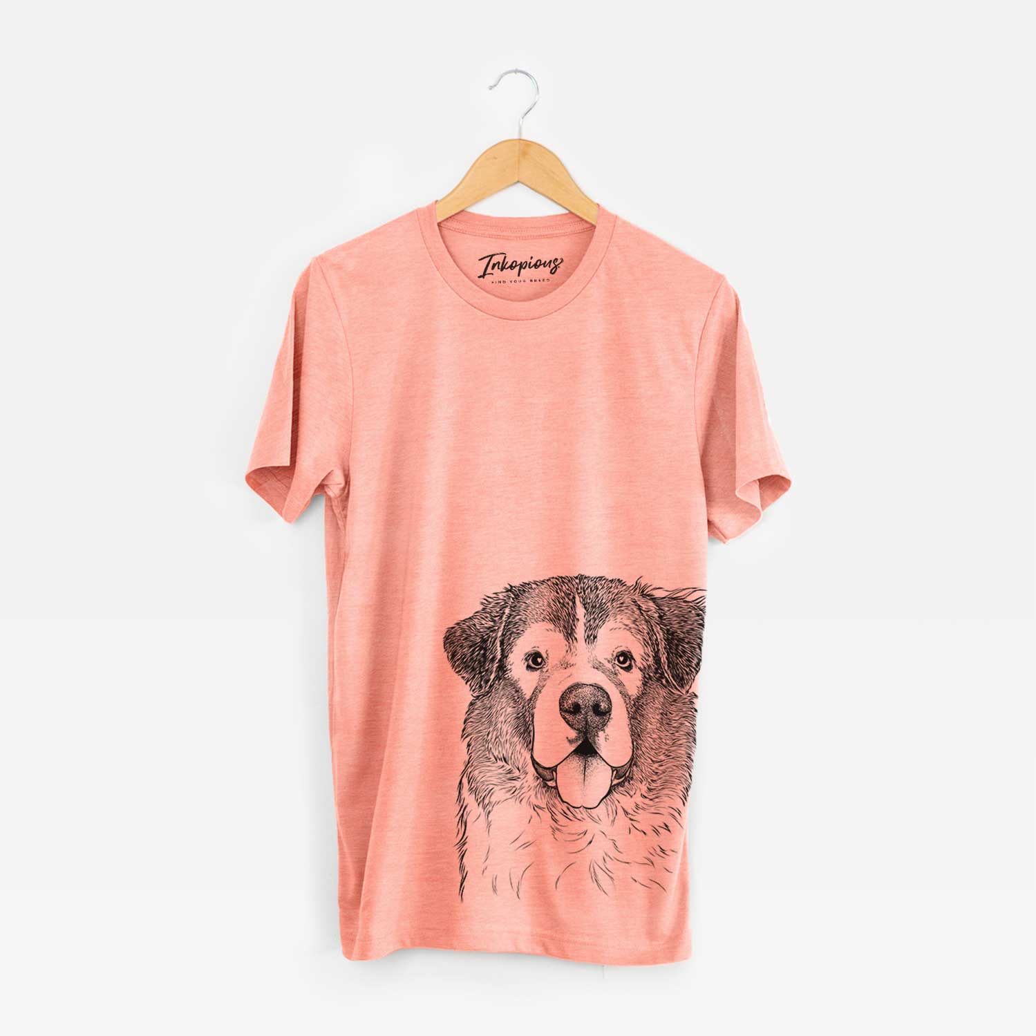 Hand-drawn sketch of Dilly the Saint Bernard on a Sunset Bella Canvas Unisex Crewneck