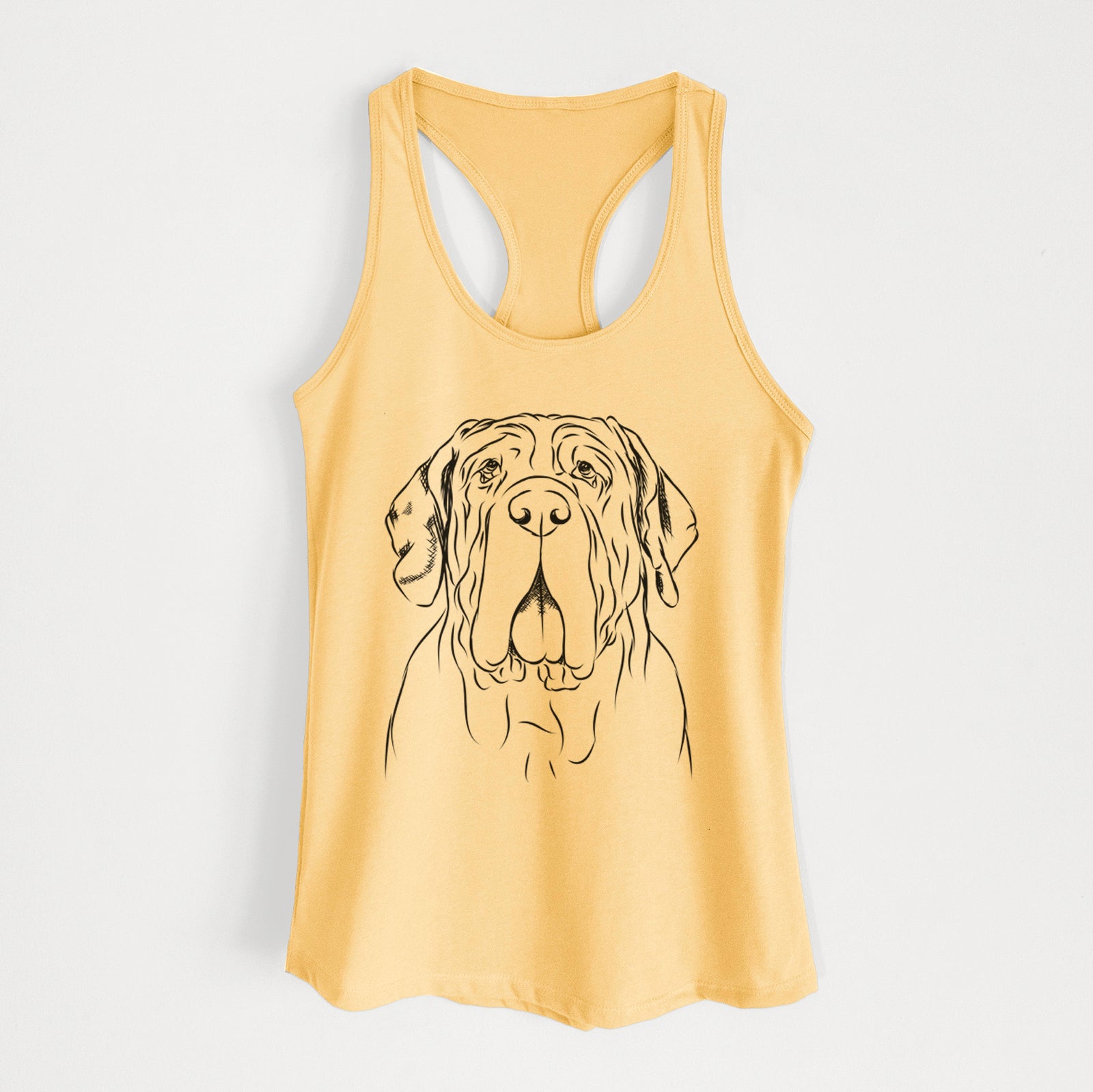 Hand-drawn sketch of Dinah the Neapolitan Mastiff on a Banana Cream Women's racerback tanktop