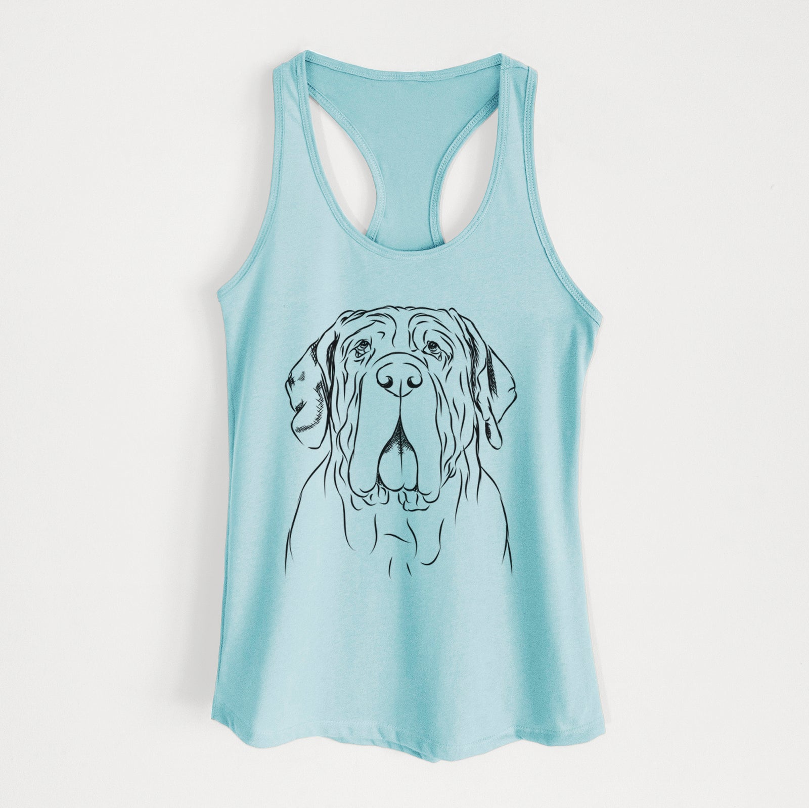Hand-drawn sketch of Dinah the Neapolitan Mastiff on a Cancun Blue Women's racerback tanktop