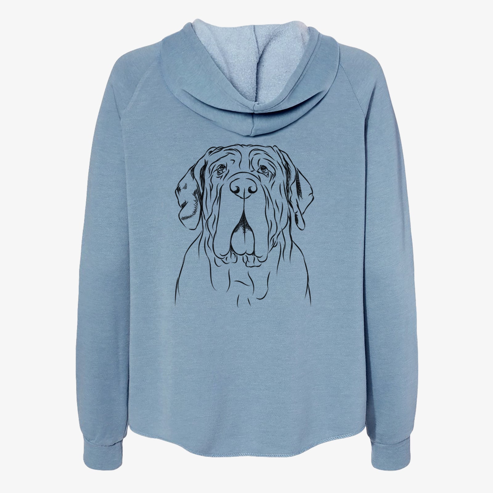 Hand-drawn sketch of Dinah the Neapolitan Mastiff on a Misty Blue Women's cali wave zip-up sweatshirt