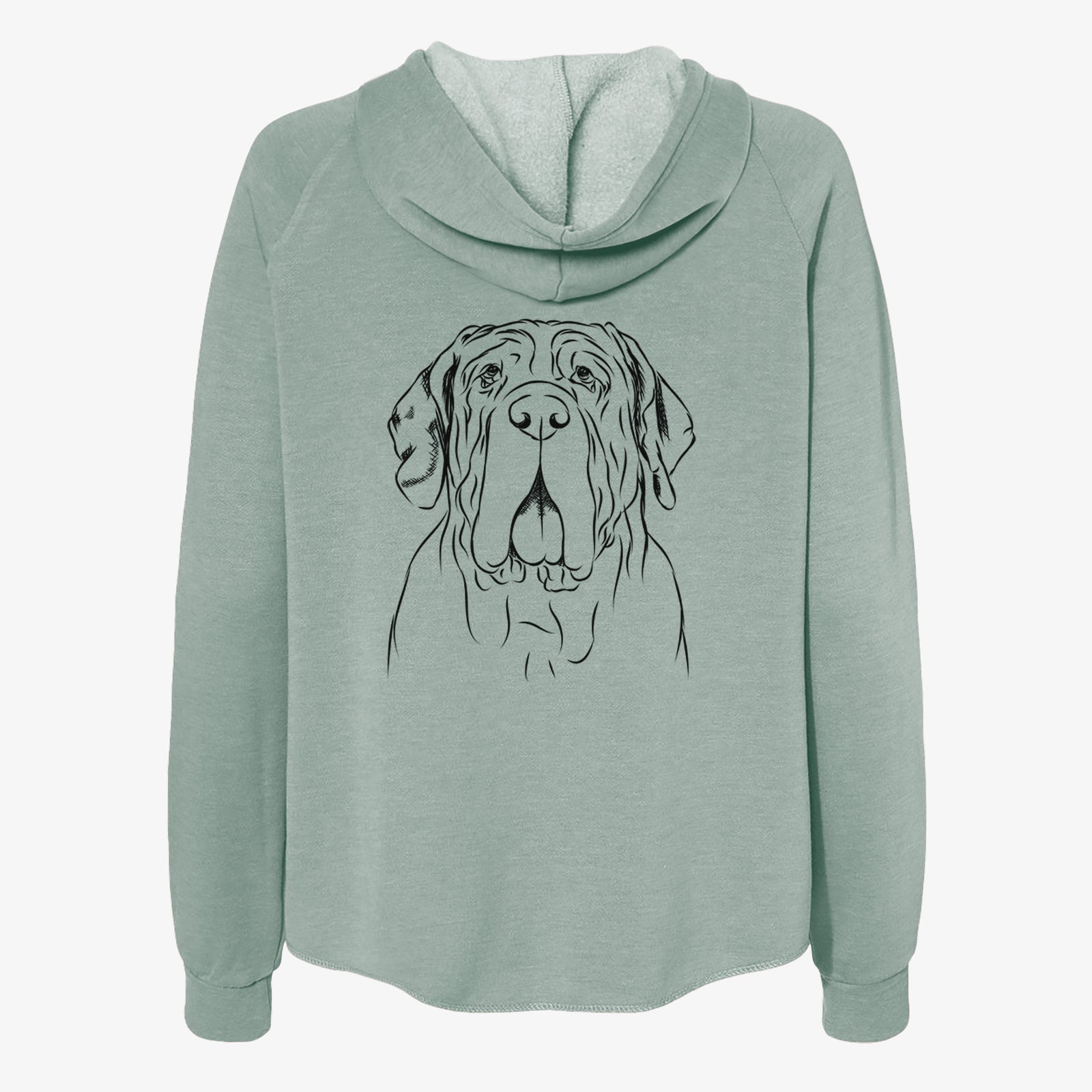 Hand-drawn sketch of Dinah the Neapolitan Mastiff on a Sage Women's cali wave zip-up sweatshirt