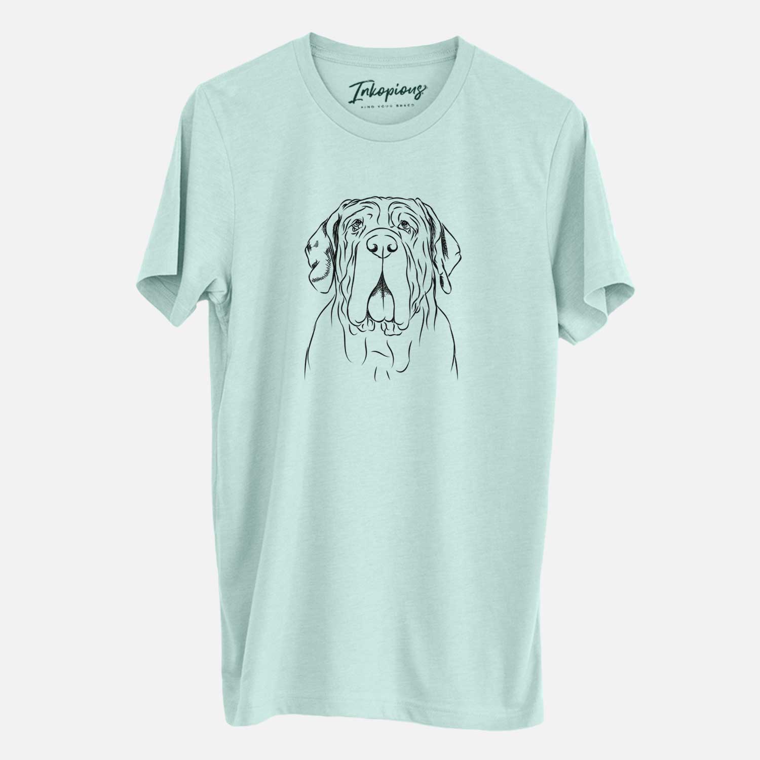 Hand-drawn sketch of Dinah the Neapolitan Mastiff on a Heather Sage Unisex crewneck