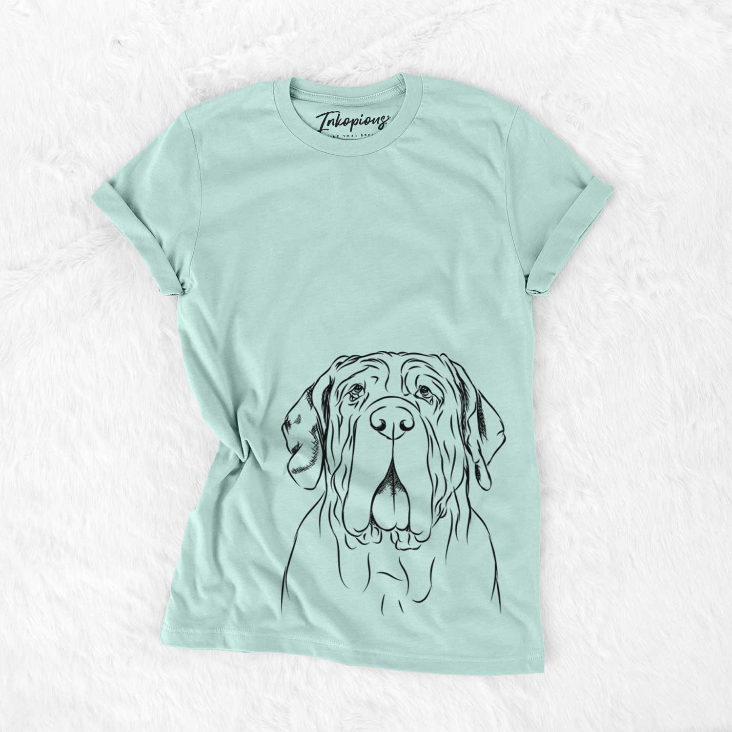 Hand-drawn sketch of Dinah the Neapolitan Mastiff on a Heather Sage Unisex crewneck