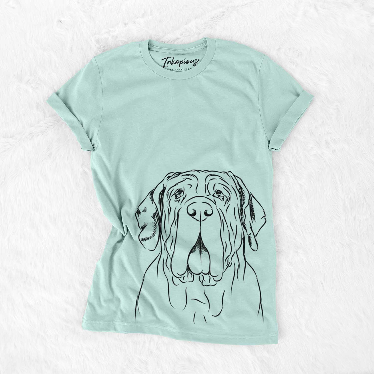 Hand-drawn sketch of Dinah the Neapolitan Mastiff on a Heather Sage Bella Canvas Unisex Crewneck
