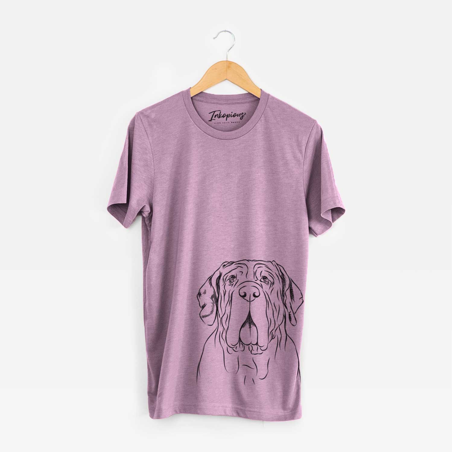 Hand-drawn sketch of Dinah the Neapolitan Mastiff on an Orchid Unisex crewneck
