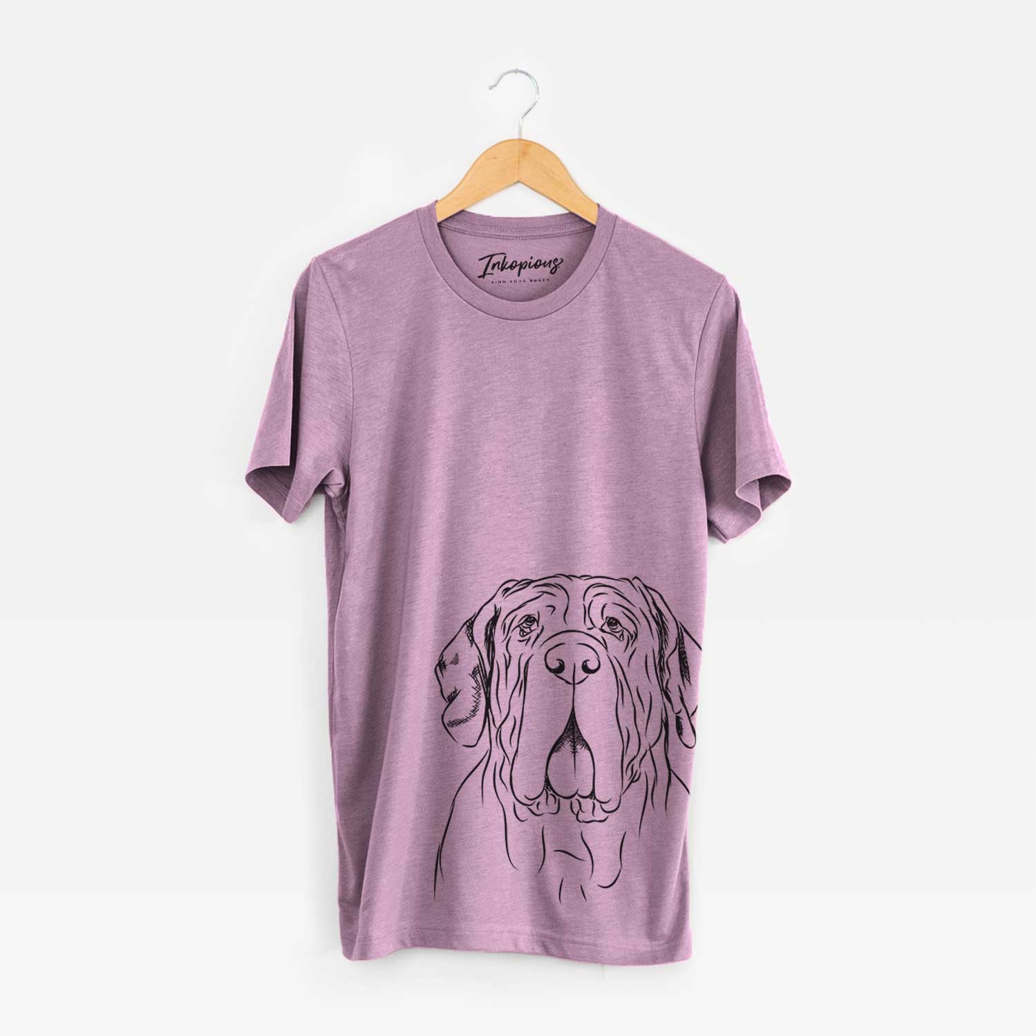 Hand-drawn sketch of Dinah the Neapolitan Mastiff on an Orchid Bella Canvas Unisex Crewneck