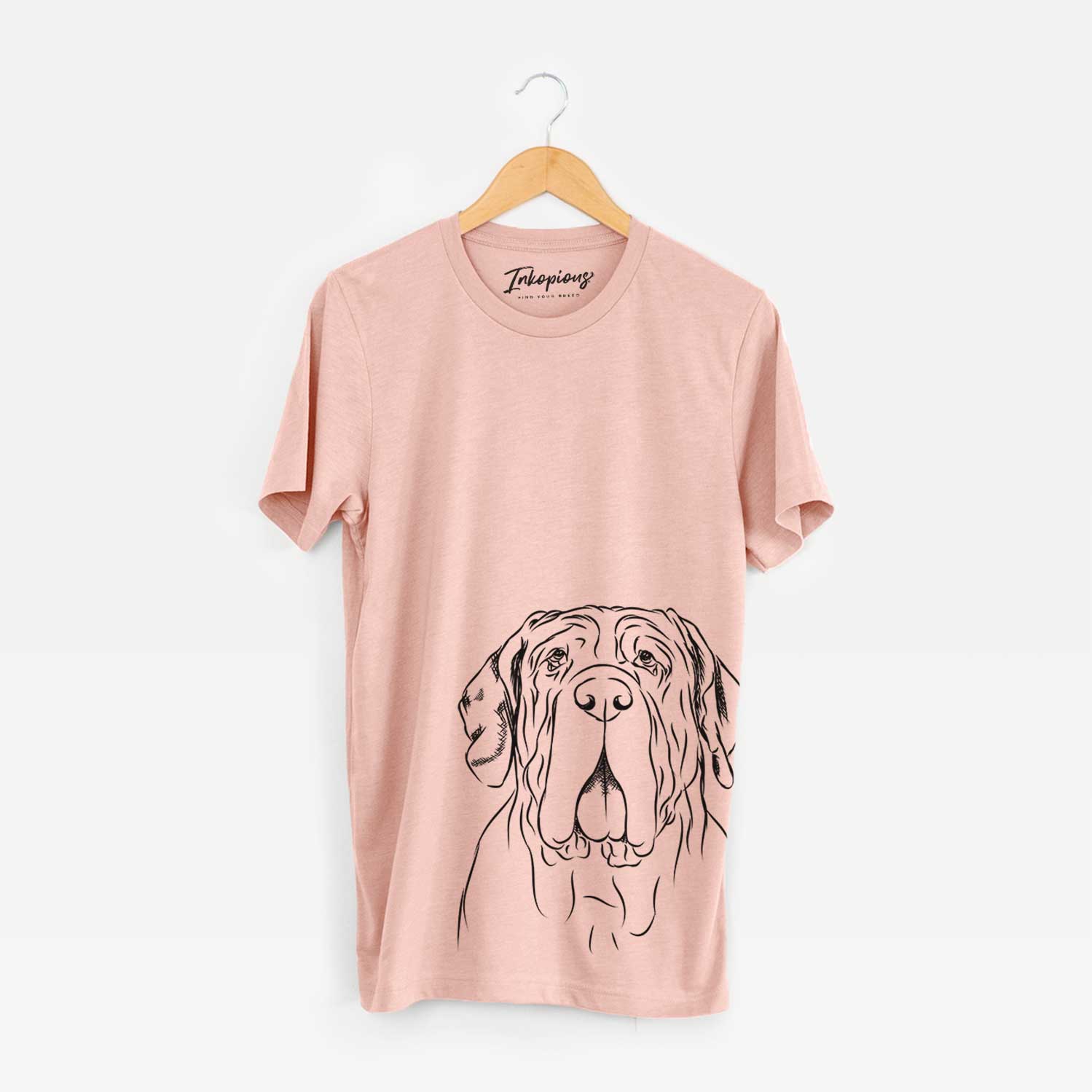 Hand-drawn sketch of Dinah the Neapolitan Mastiff on a Peach Bella Canvas Unisex Crewneck