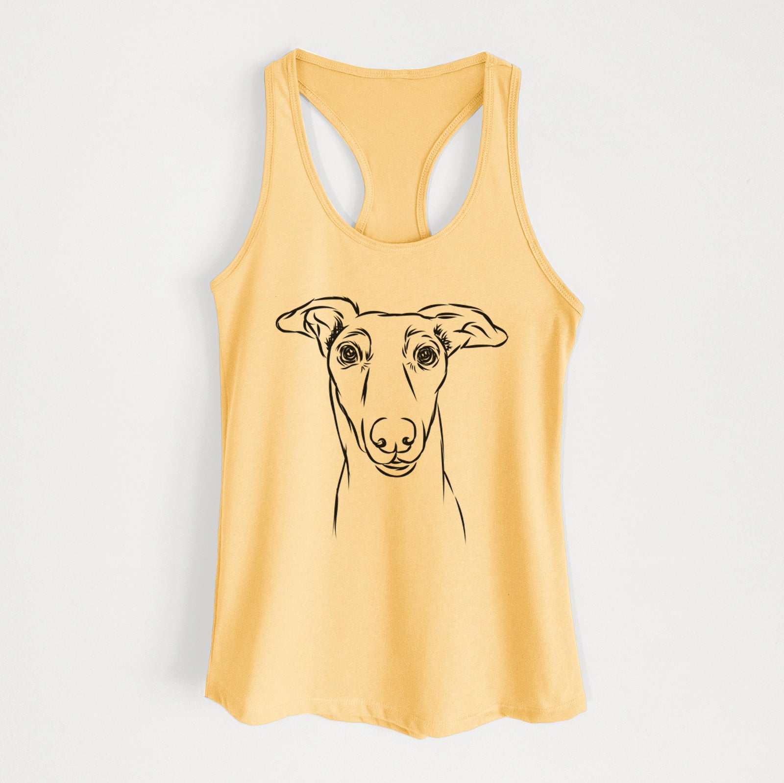 Hand-drawn sketch of Diva the Greyhound on a Banana Cream Women's racerback tanktop