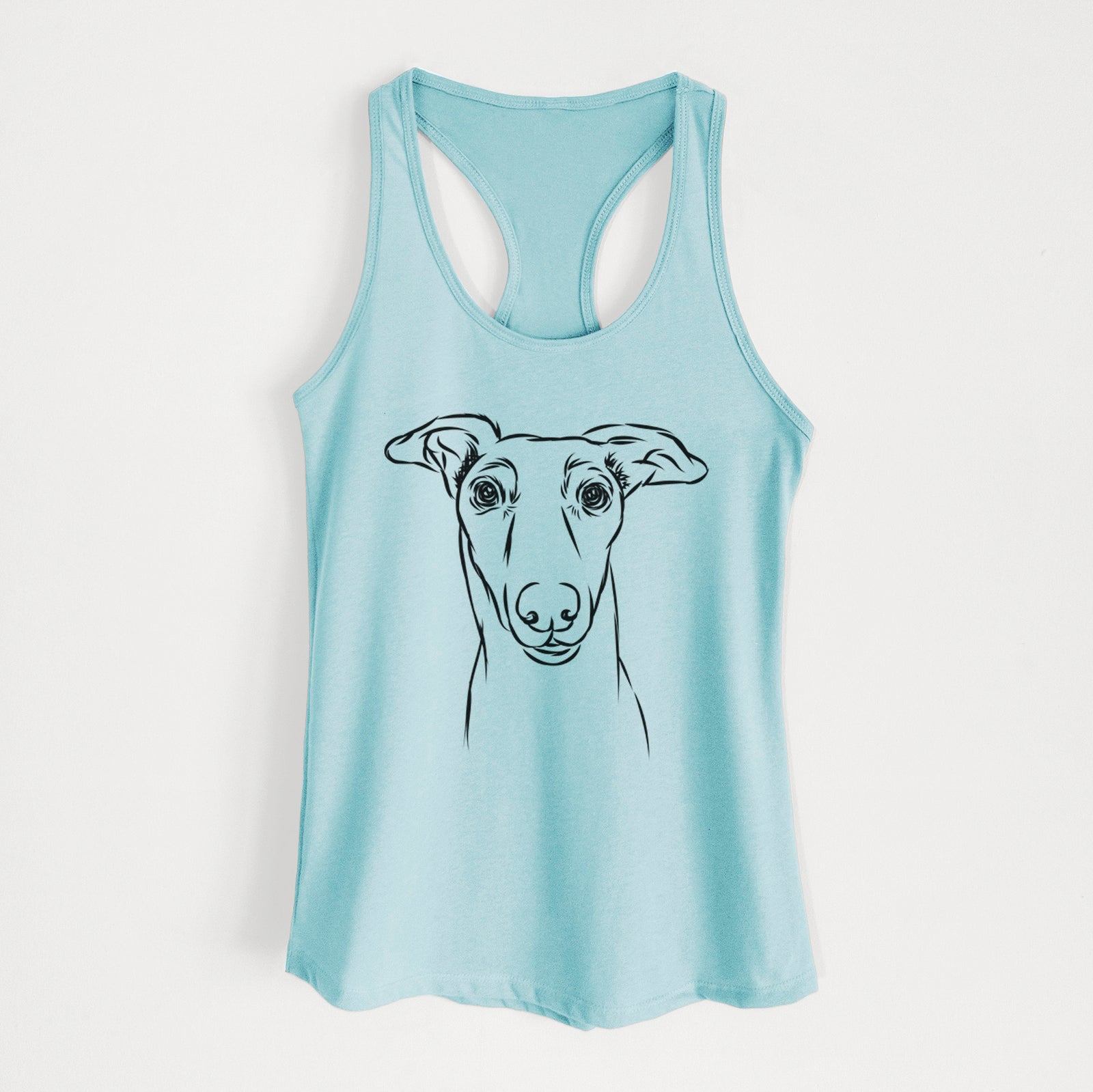 Hand-drawn sketch of Diva the Greyhound on a Cancun Blue Women's racerback tanktop