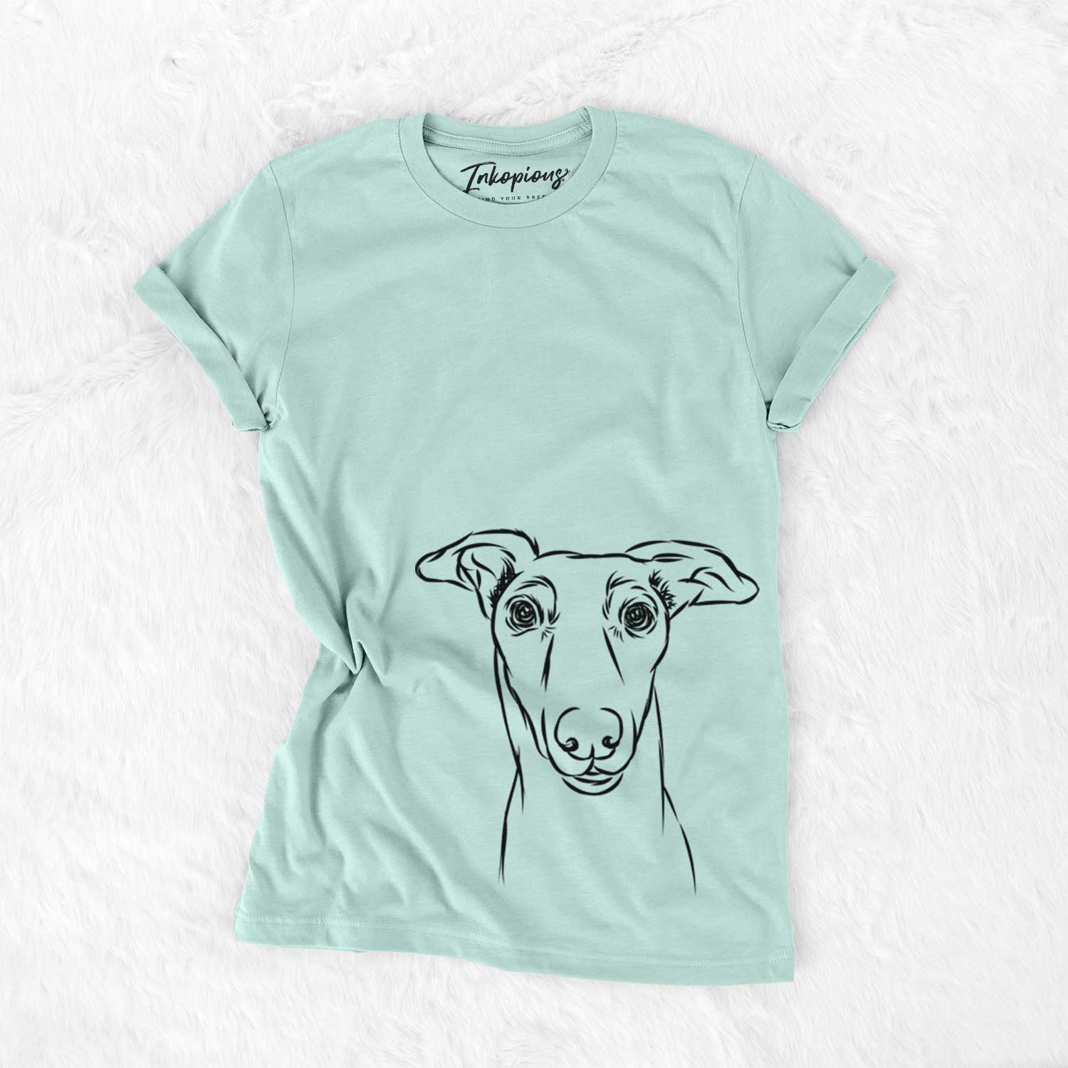 Hand-drawn sketch of Diva the Greyhound on a Heather Sage Unisex crewneck