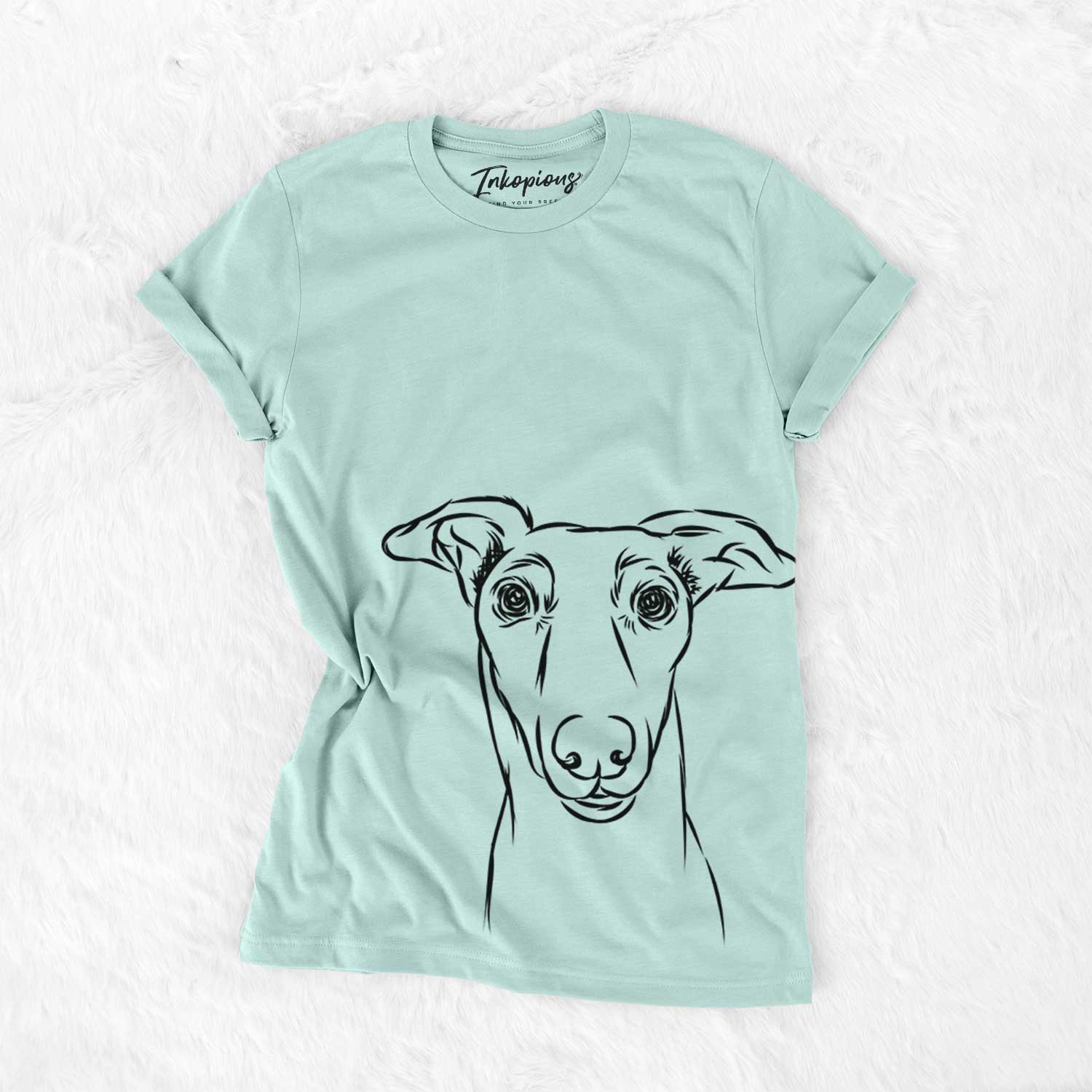 Hand-drawn sketch of Diva the Greyhound on a Heather Sage Bella Canvas Unisex Crewneck
