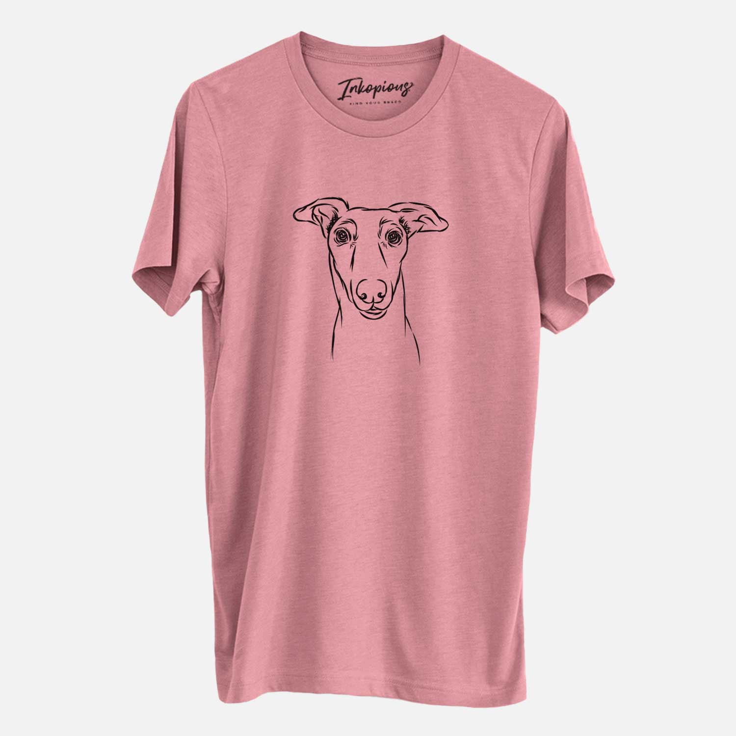 Hand-drawn sketch of Diva the Greyhound on a Mauve Unisex crewneck