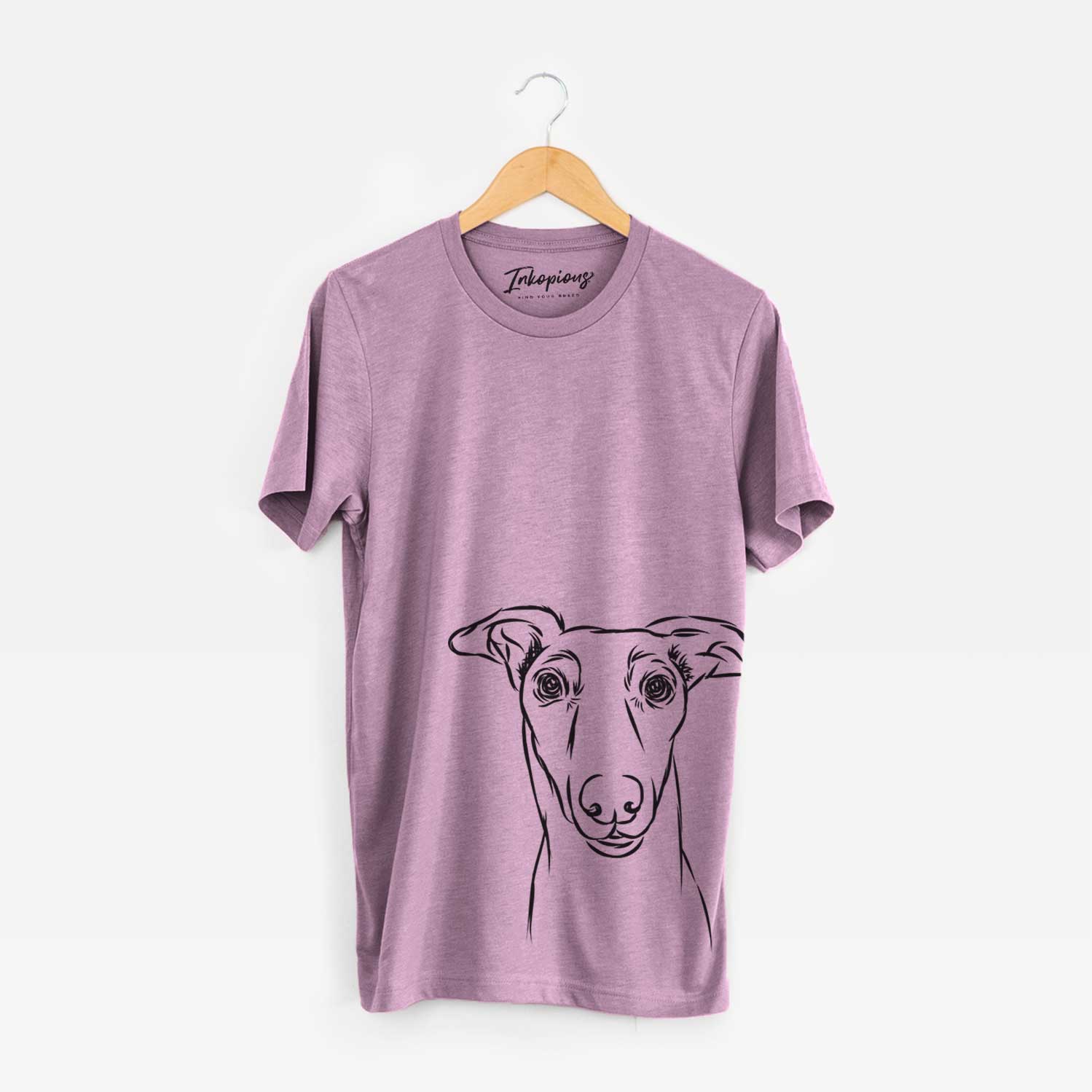 Hand-drawn sketch of Diva the Greyhound on an Orchid Bella Canvas Unisex Crewneck