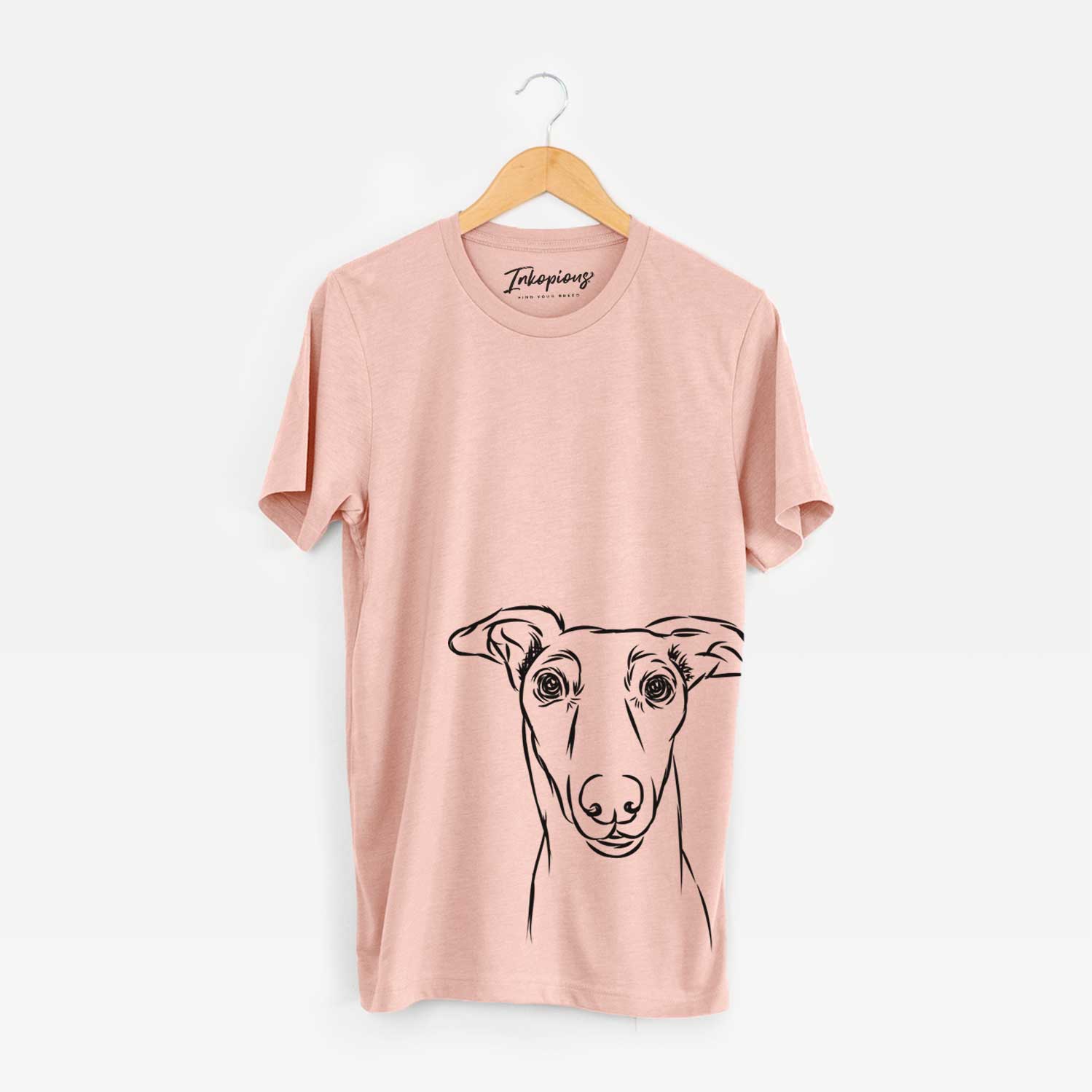Hand-drawn sketch of Diva the Greyhound on a Peach Bella Canvas Unisex Crewneck