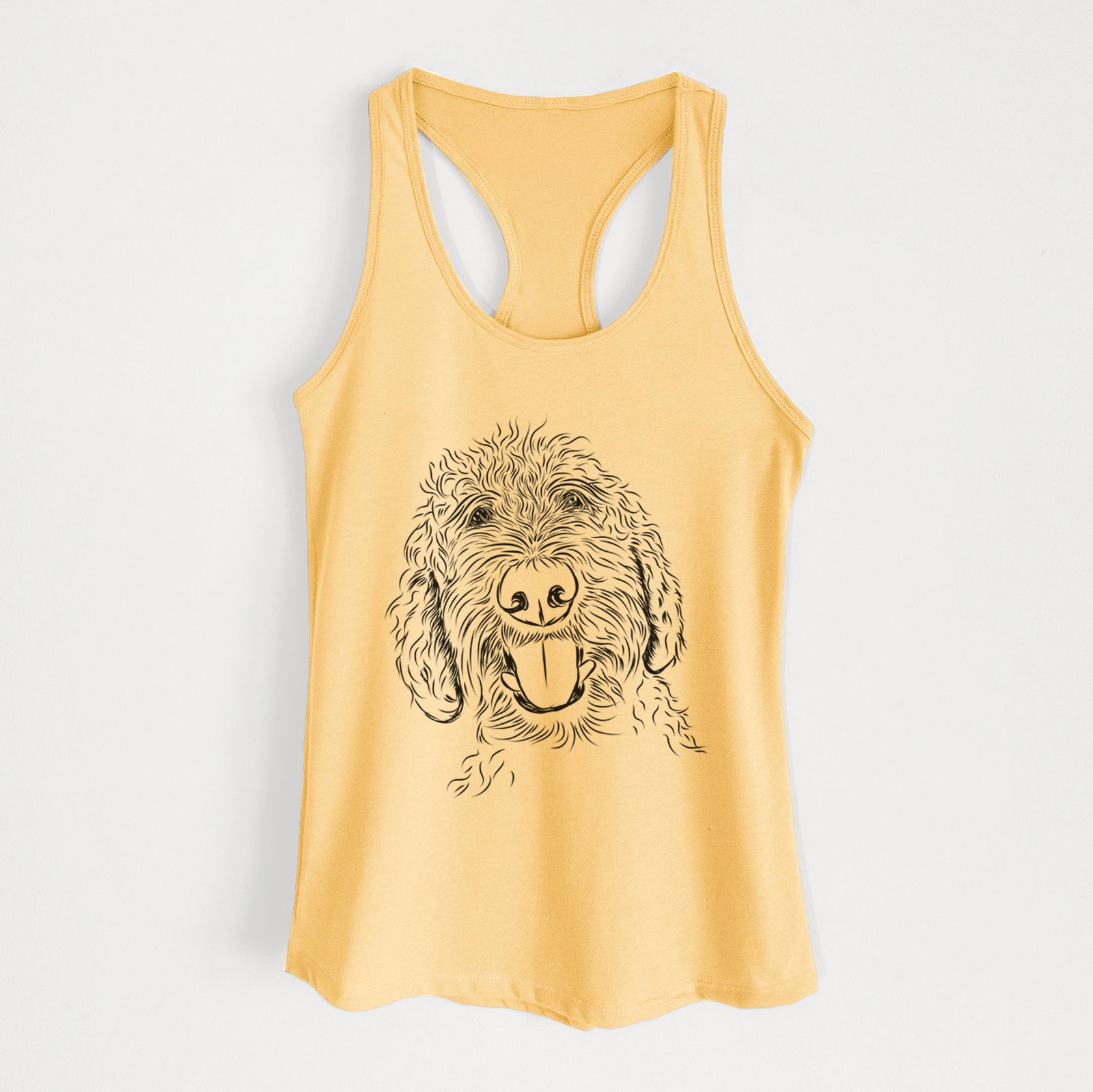 Hand-drawn sketch of Dixie the Doodle on a Banana Cream Women's racerback tanktop