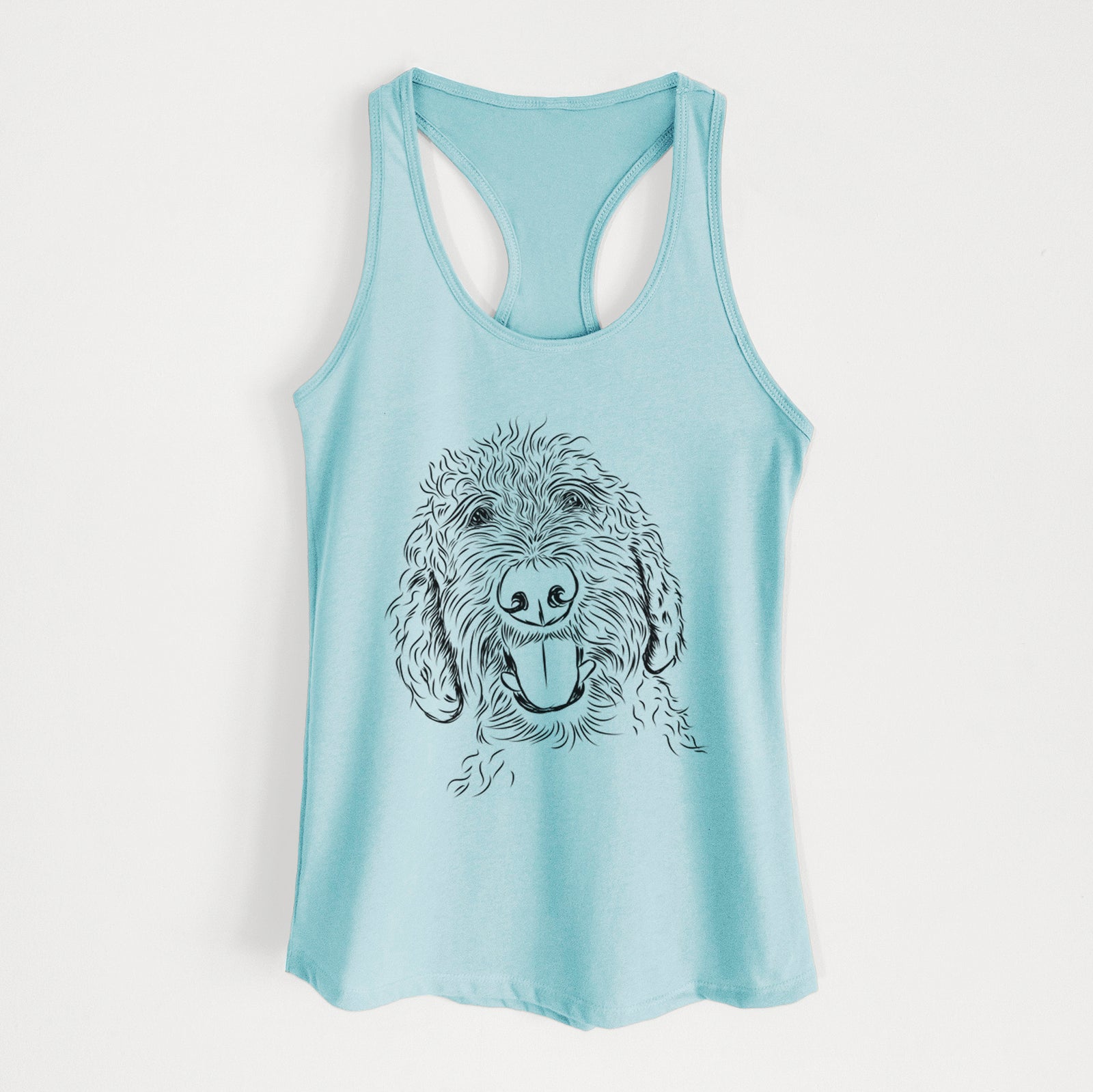 Hand-drawn sketch of Dixie the Doodle on a Cancun Blue Women's racerback tanktop