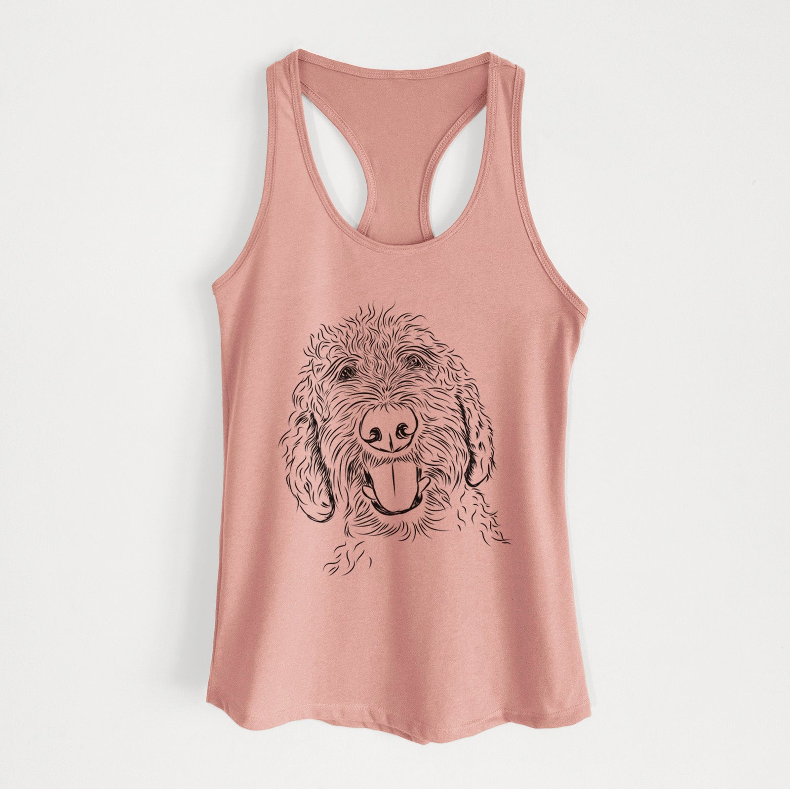 Hand-drawn sketch of Dixie the Doodle on a Desert Pink Women's racerback tanktop
