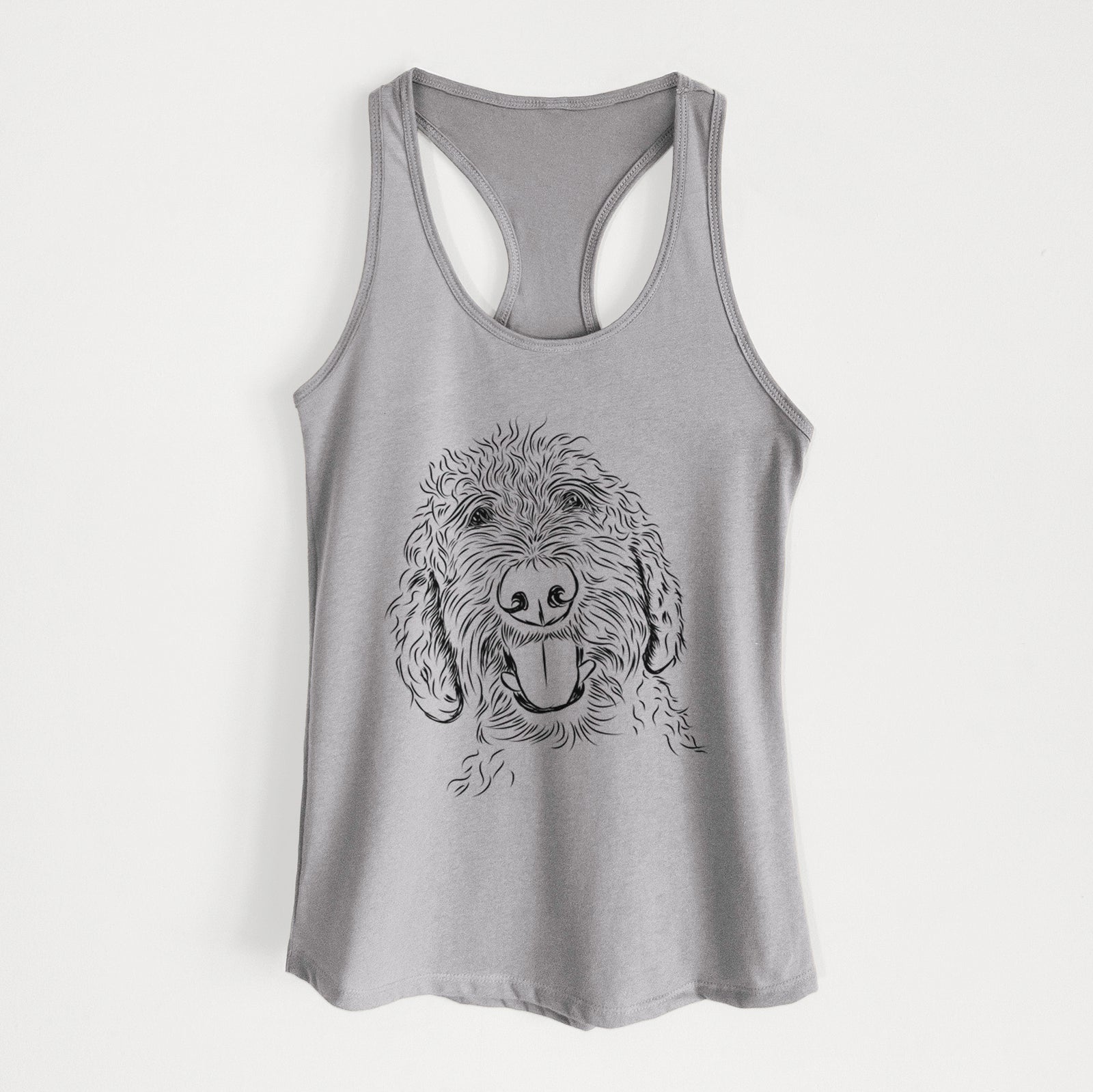 Hand-drawn sketch of Dixie the Doodle on a Heather Grey Women's racerback tanktop