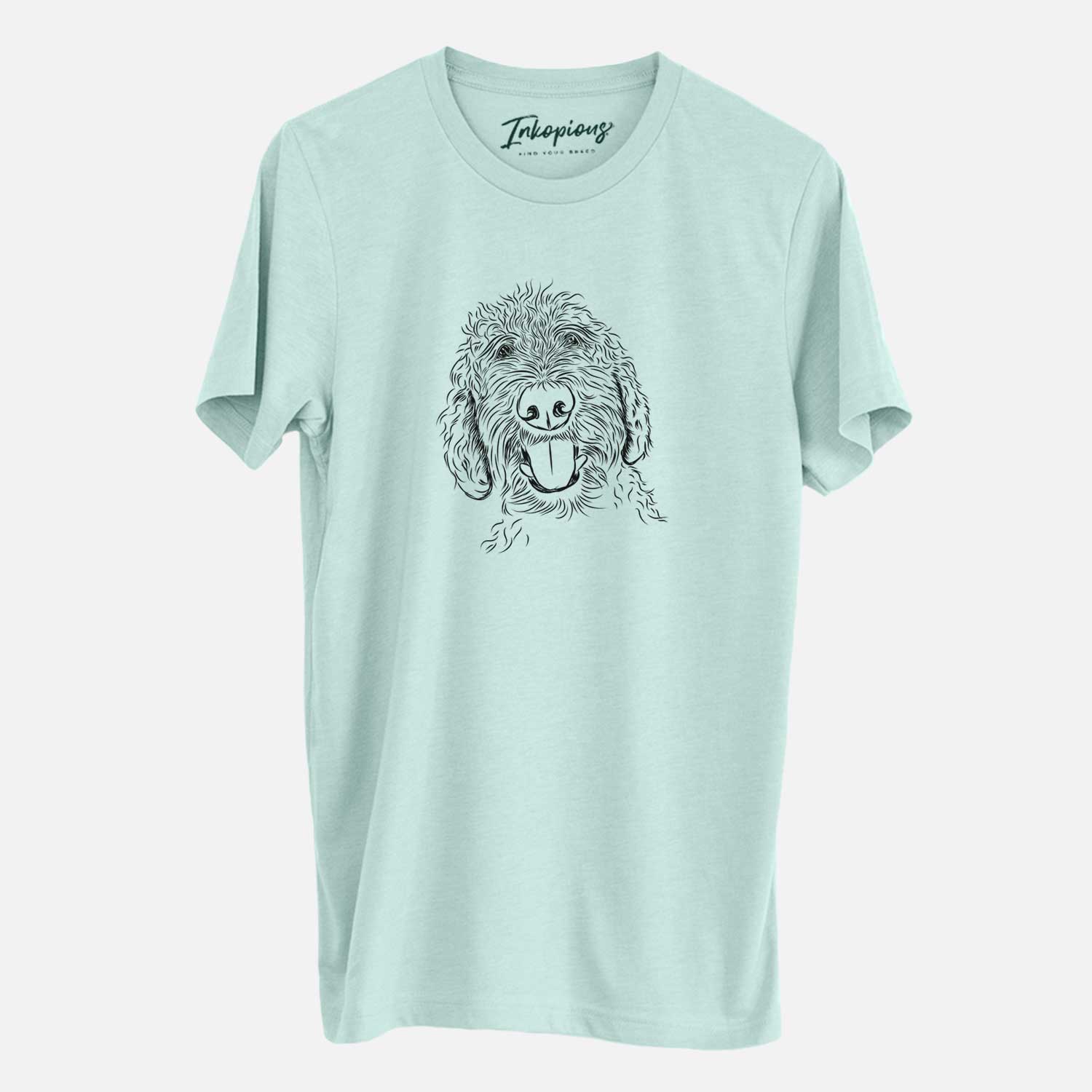 Hand-drawn sketch of Dixie the Doodle on a Heather Sage Unisex crewneck