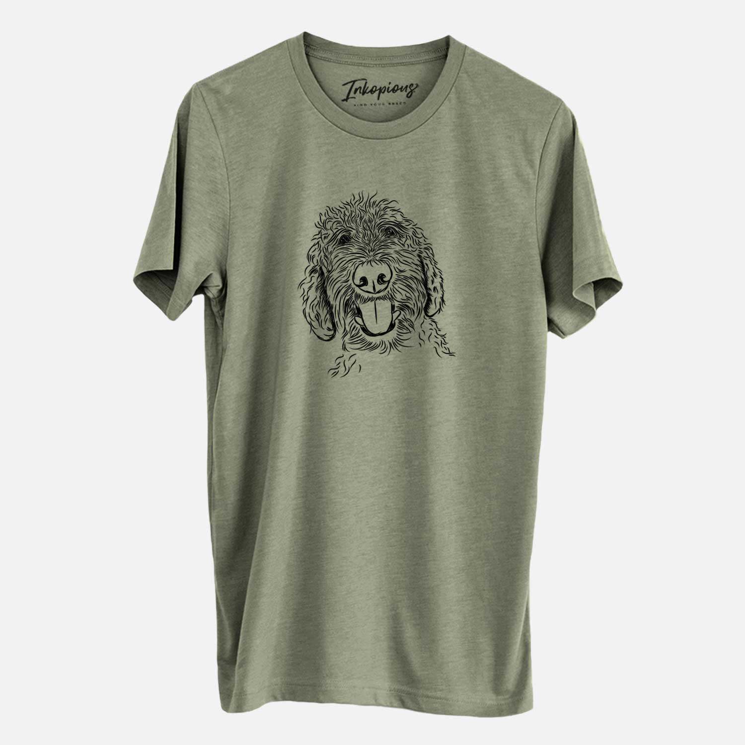Hand-drawn sketch of Dixie the Doodle on an Olive Unisex crewneck